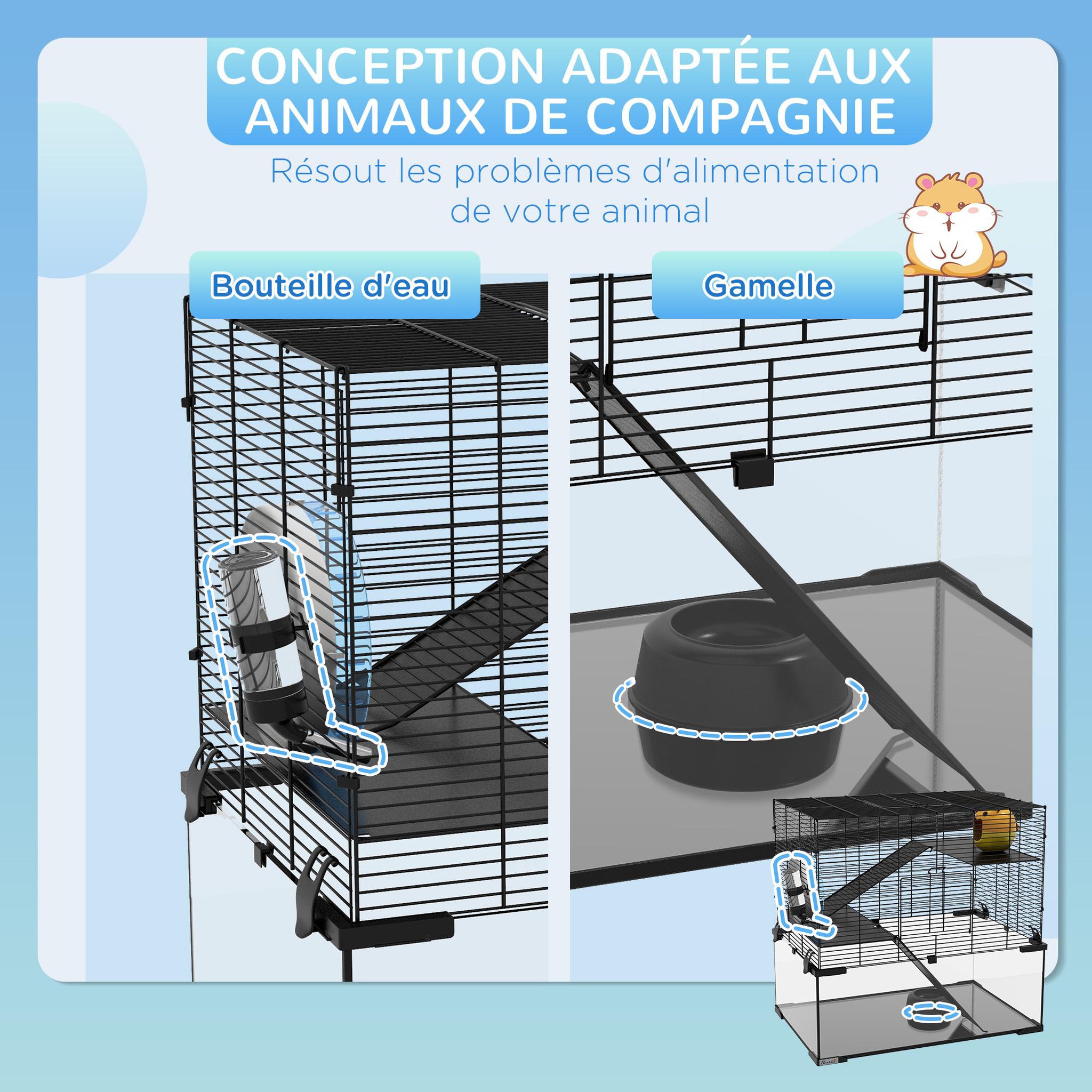 Voir la diapositive 5 : PAWHUT Cage rongeur hamster, 3 niveaux avec roue, rampes, maisonnette, abreuvoir, mangeoire, 60L x 40l x 57H cm, noir