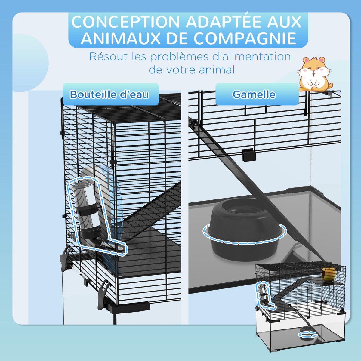 PAWHUT Cage rongeur hamster, 3 niveaux avec roue, rampes, maisonnette, abreuvoir, mangeoire, 60L x 40l x 57H cm, noir