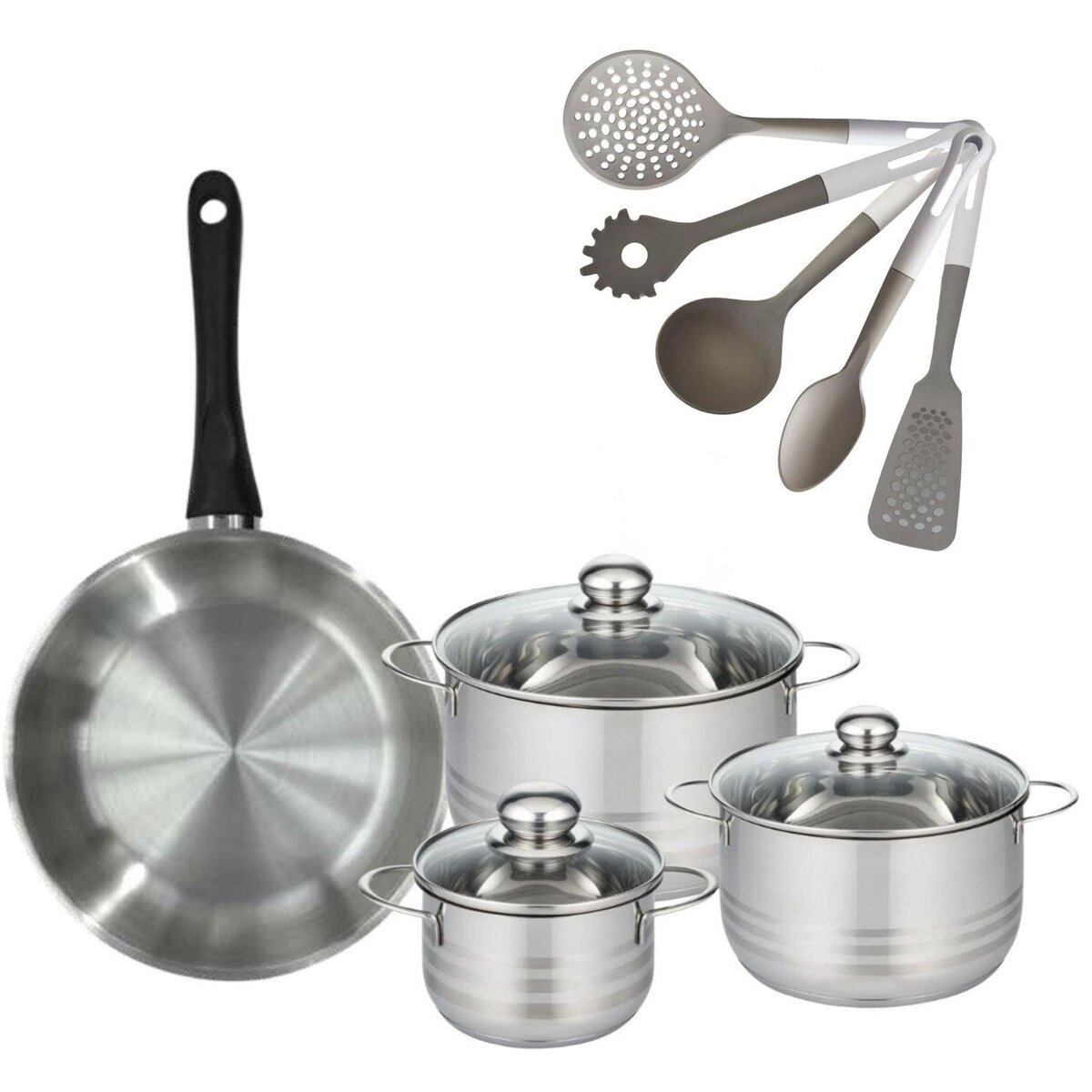 Fackelmann Lot 1 Poêle 28cm & 3 Faitouts 16/20/24cm Fackelmann Geneva avec 5 ustensiles