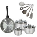 Fackelmann Lot 1 Poêle 28cm & 3 Faitouts 16/20/24cm Fackelmann Geneva avec 5 ustensiles