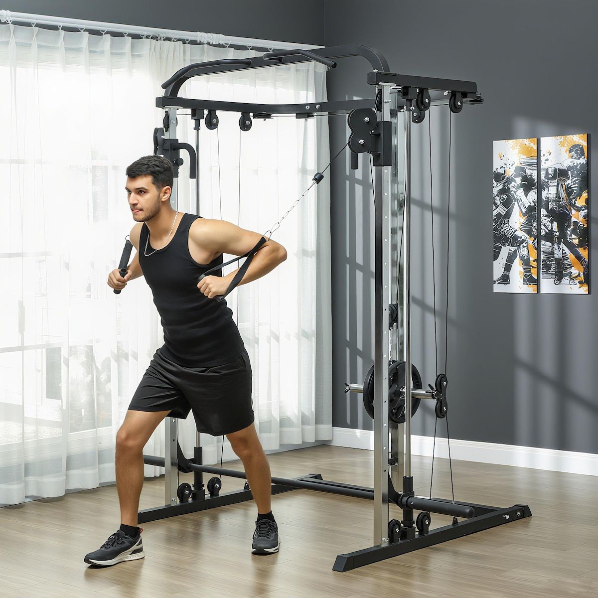 HOMCOM Station de musculation double polie barre de traction et barre longue musculation acier noir