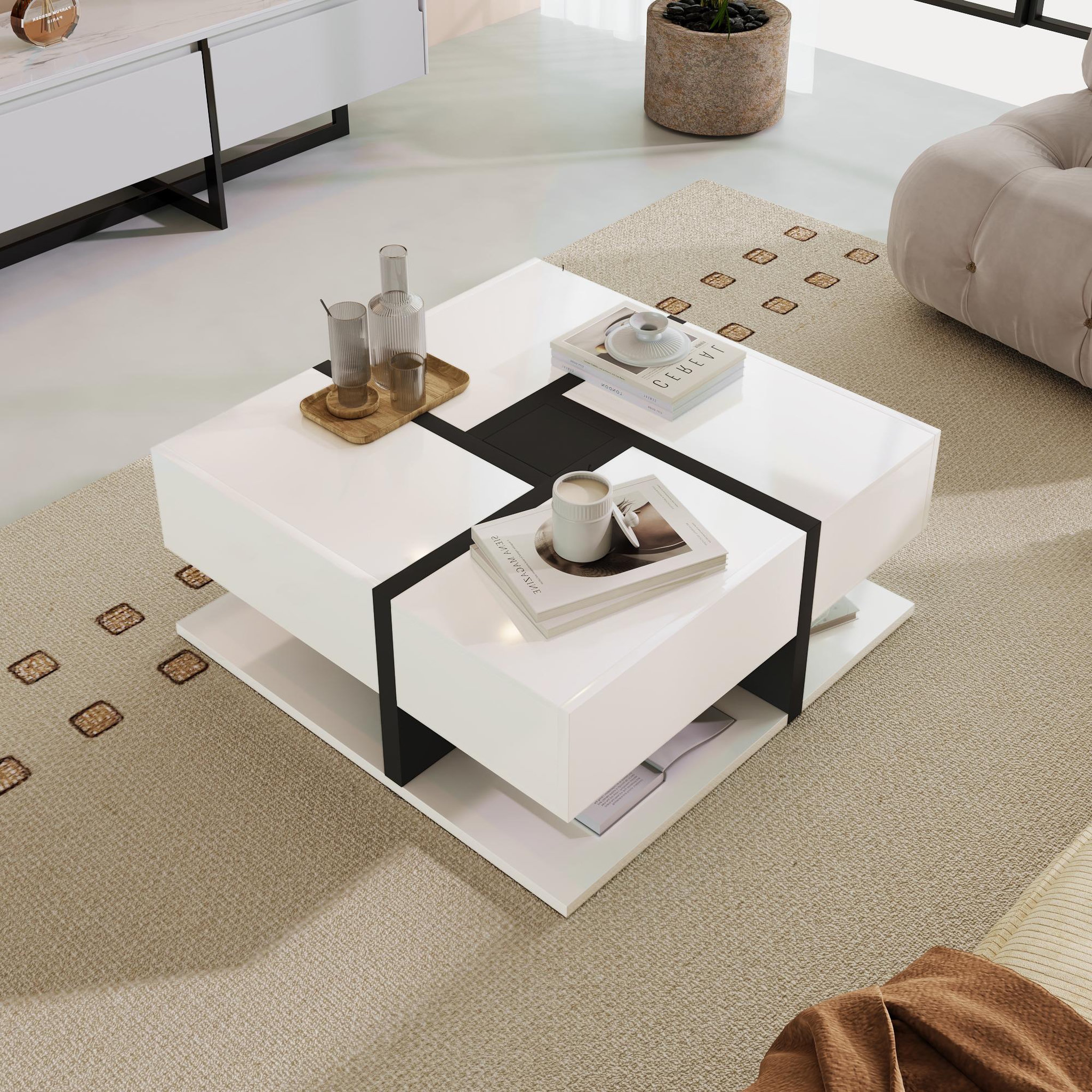 Voir la diapositive 2 : MERAX Table basse carrée blanc+noir avec 4 tiroirs - 78x78 cm panneau de particules