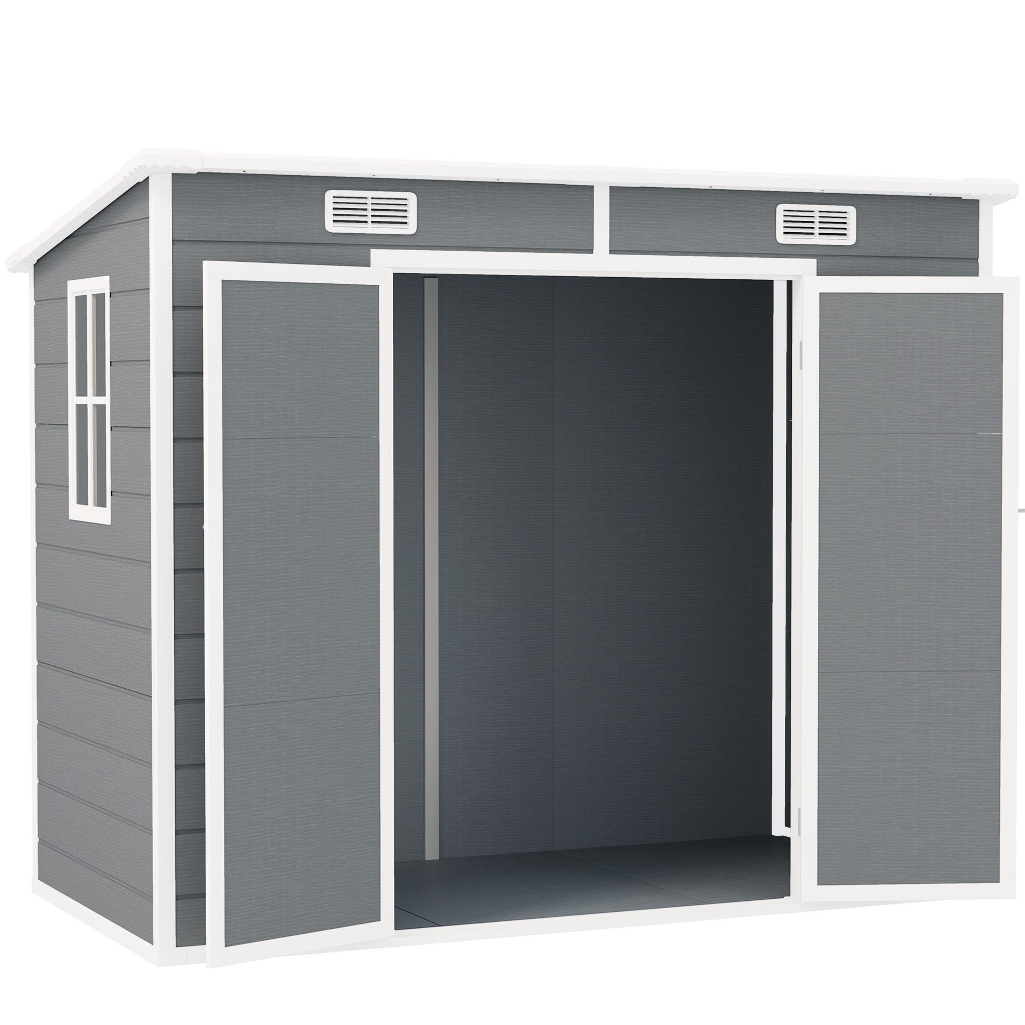 Voir la diapositive 4 : OUTSUNNY Abri de jardin 2,54 m² dim. 2,4 x 1,3 m - fondation incluse - fenêtre, 2 portes, aérations - alu PP gris blanc