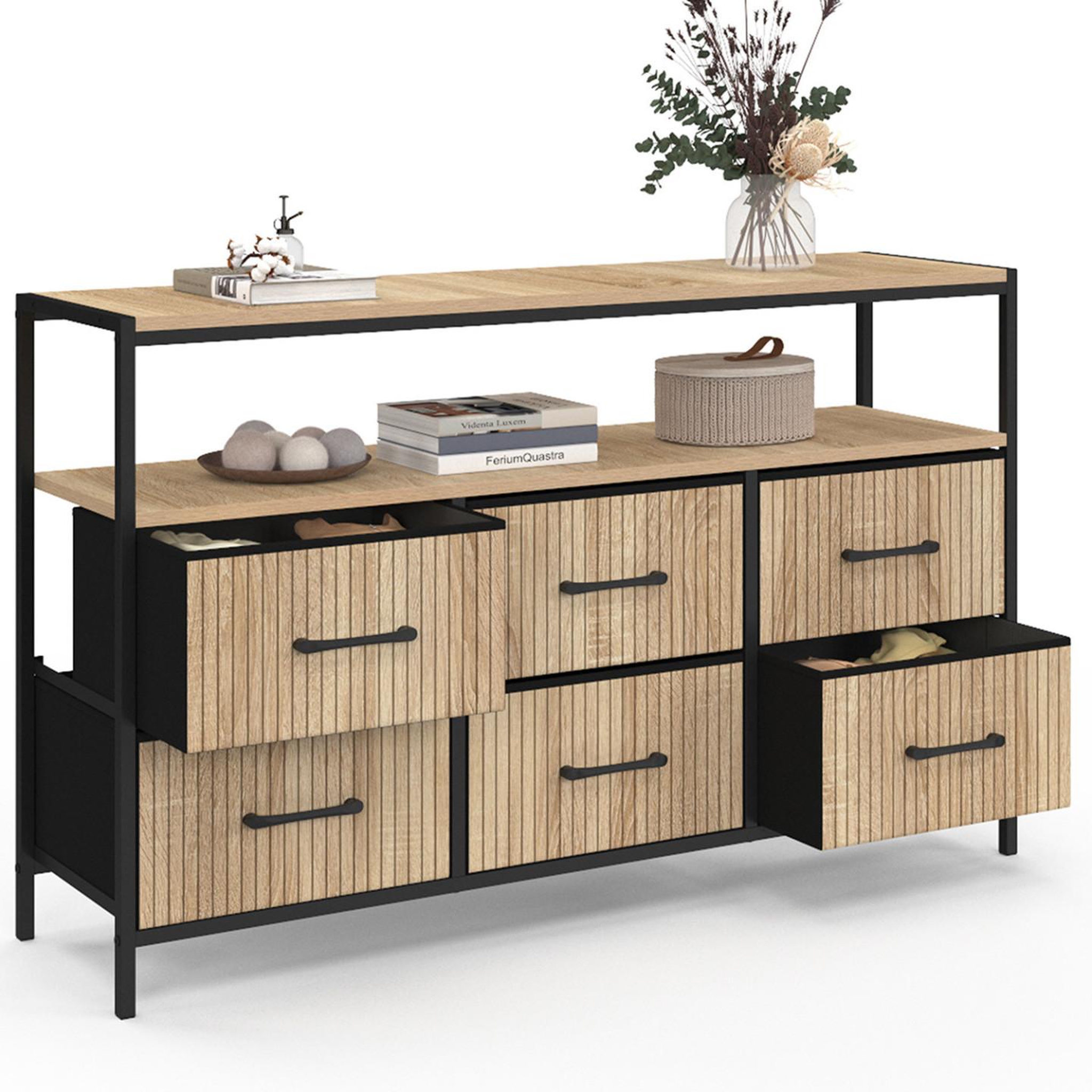 Voir la diapositive 4 : ID MARKET Commode 6 tiroirs en tissu utah 115 cm avec niche effet lattes meuble de rangement design industriel