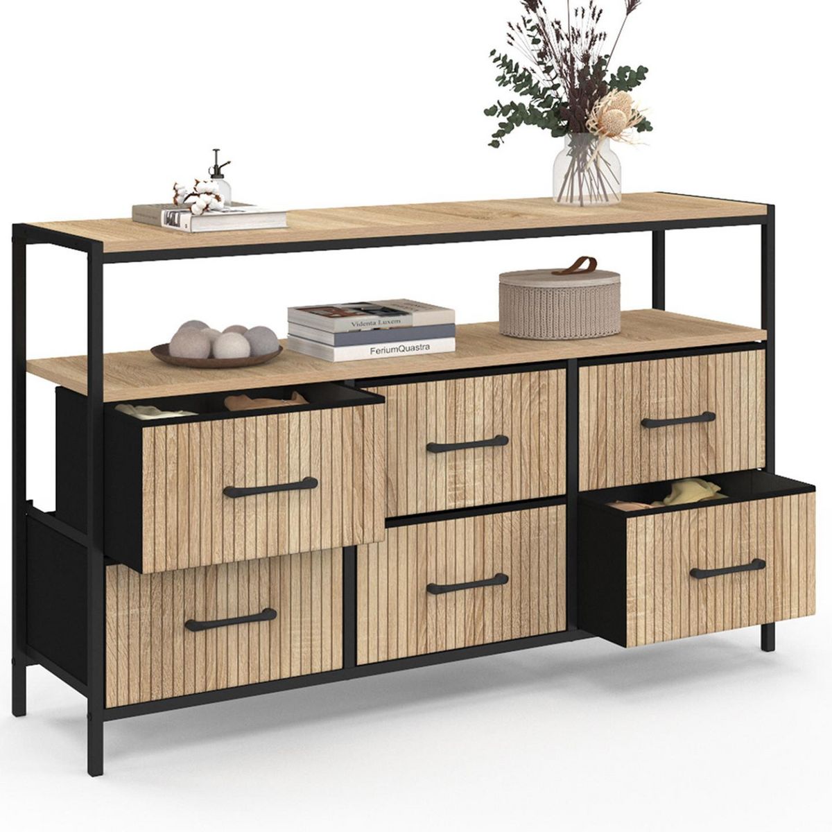 ID MARKET Commode 6 tiroirs en tissu UTAH 115 CM avec niche effet lattes meuble de rangement design industriel