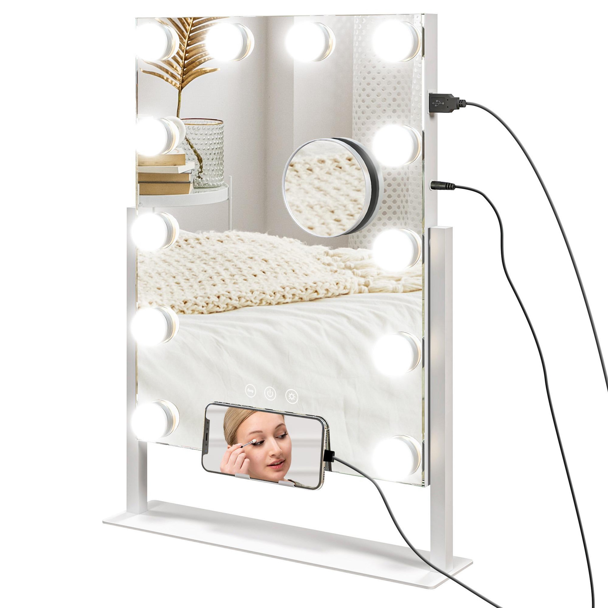Voir la diapositive 5 : HOMCOM Miroir hollywood led rotatif grossissant dim. 36,5 x 45,5 cm 12 ampoules 3 modes luminosité port charge usb
