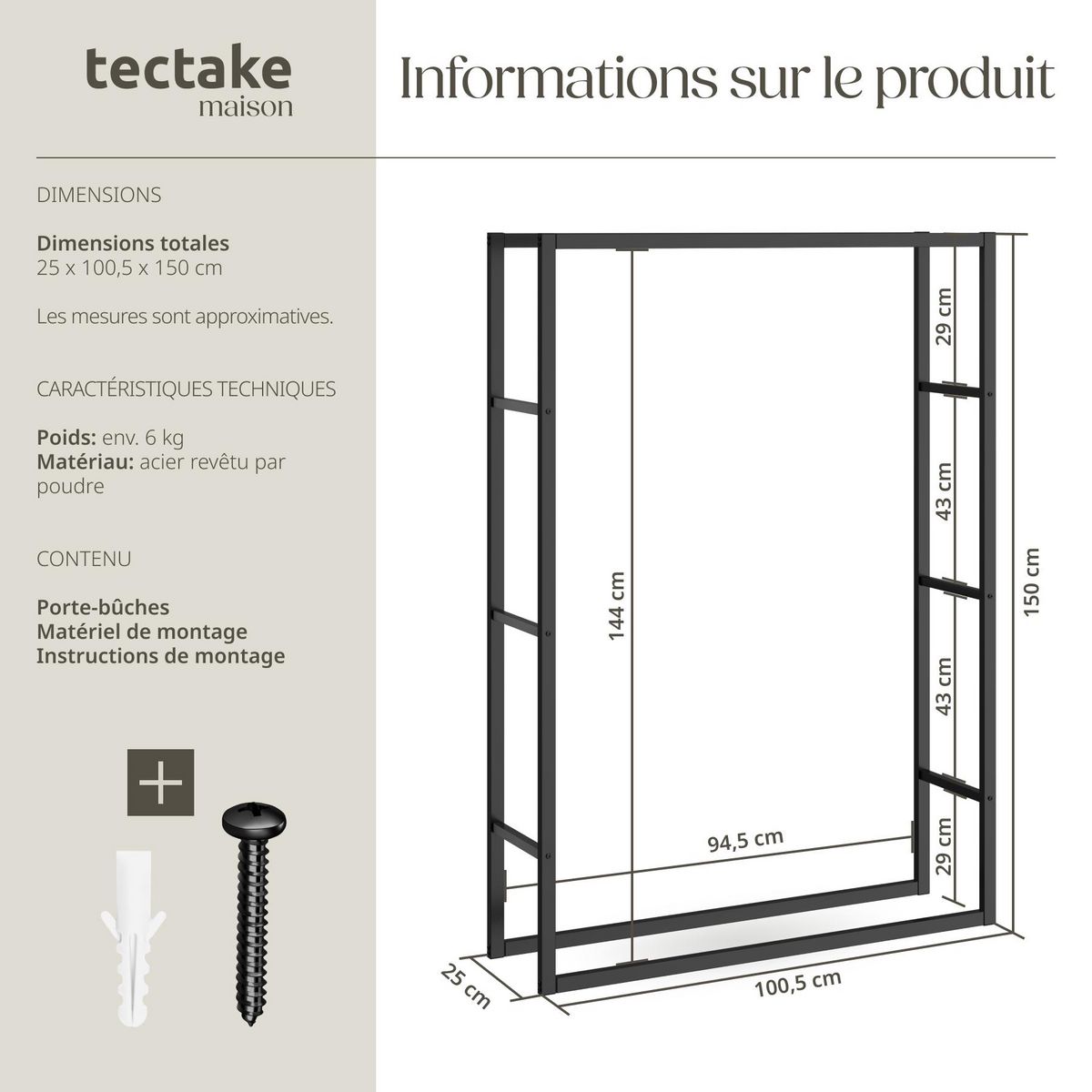 tectake Porte-bûches look industriel noir