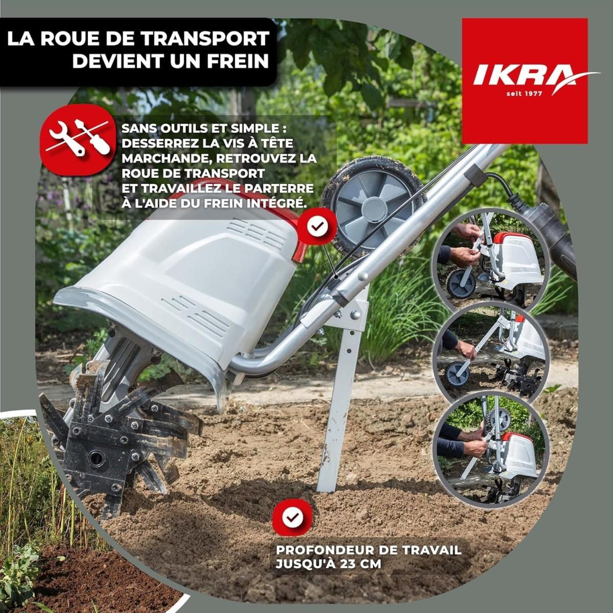 Voir la diapositive 4 : Ikra Motobineuse électrique 1500w largeur de travail 17-45cm 6 fraises - profondeur de travail 23cm préparation sol jardin ikra