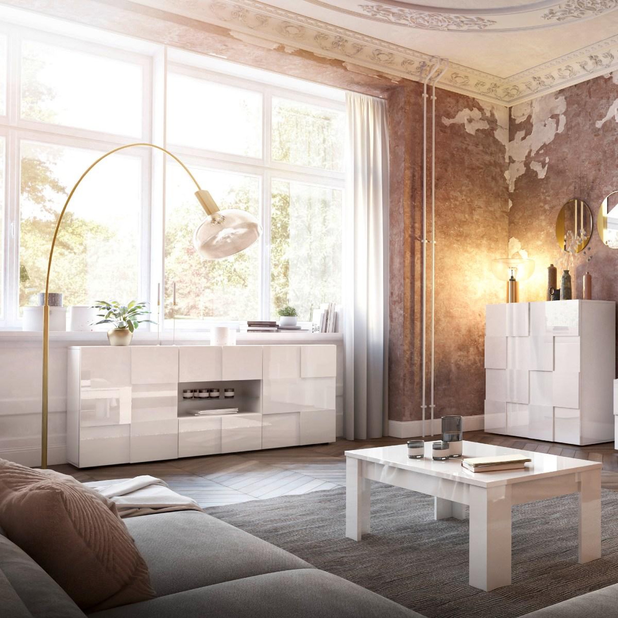 Voir la diapositive 5 : JLC KREATION Buffet haut design laqué blanc 2 portes MADO