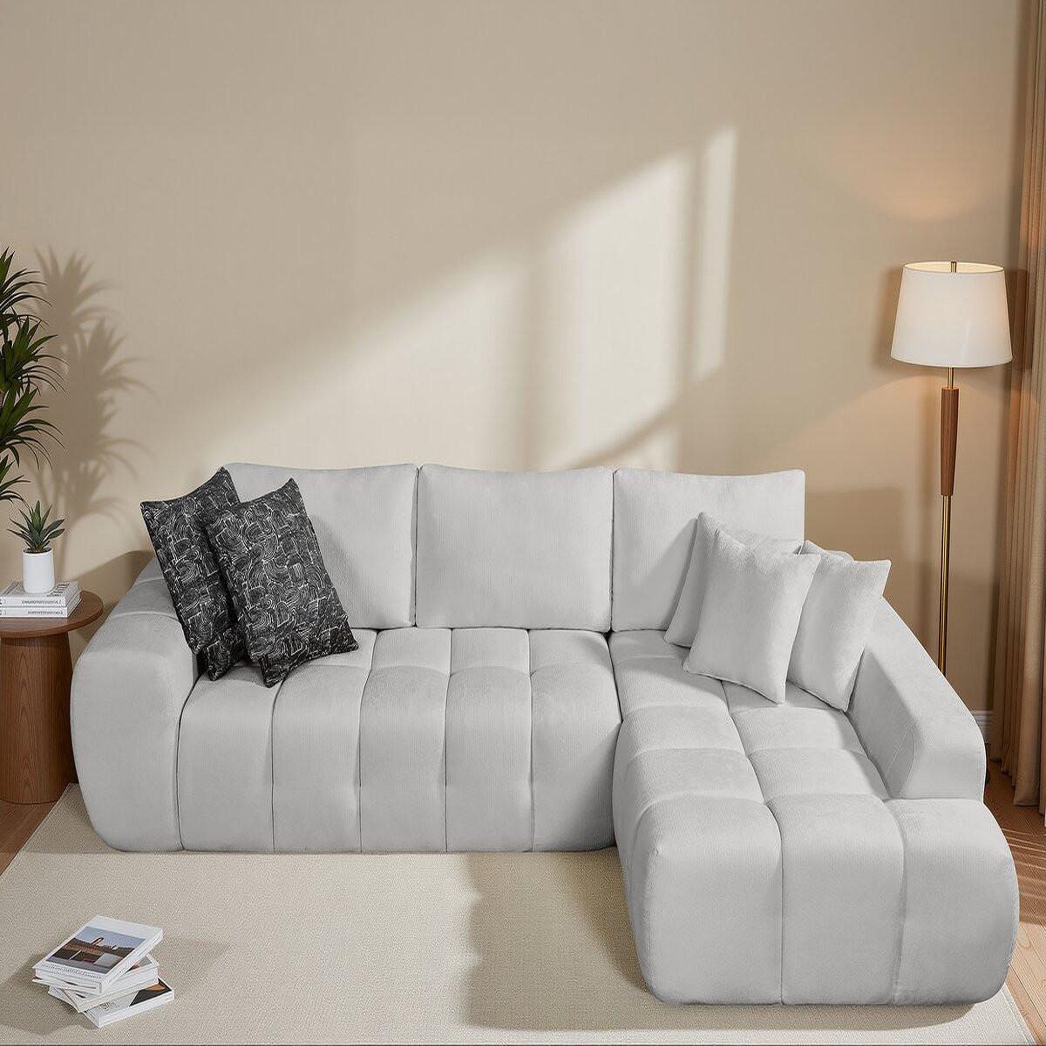 Voir la diapositive 2 : Habitat et Jardin Canapé d'angle droit en tissu style bubble  sidonie  - 4 places - gris