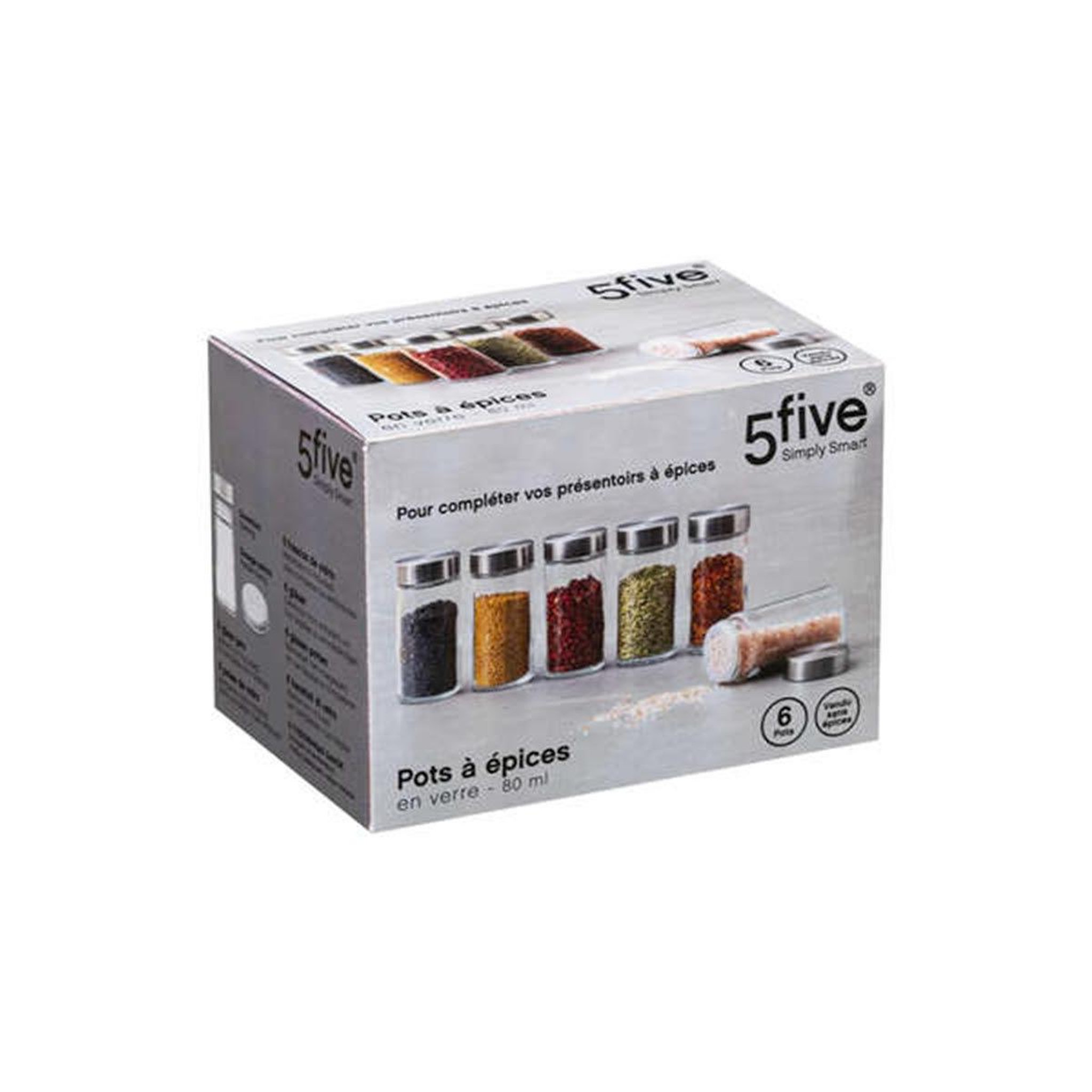 Voir la diapositive 2 : FIVE Lot de 6 pots à épices  straight  9cm transparent