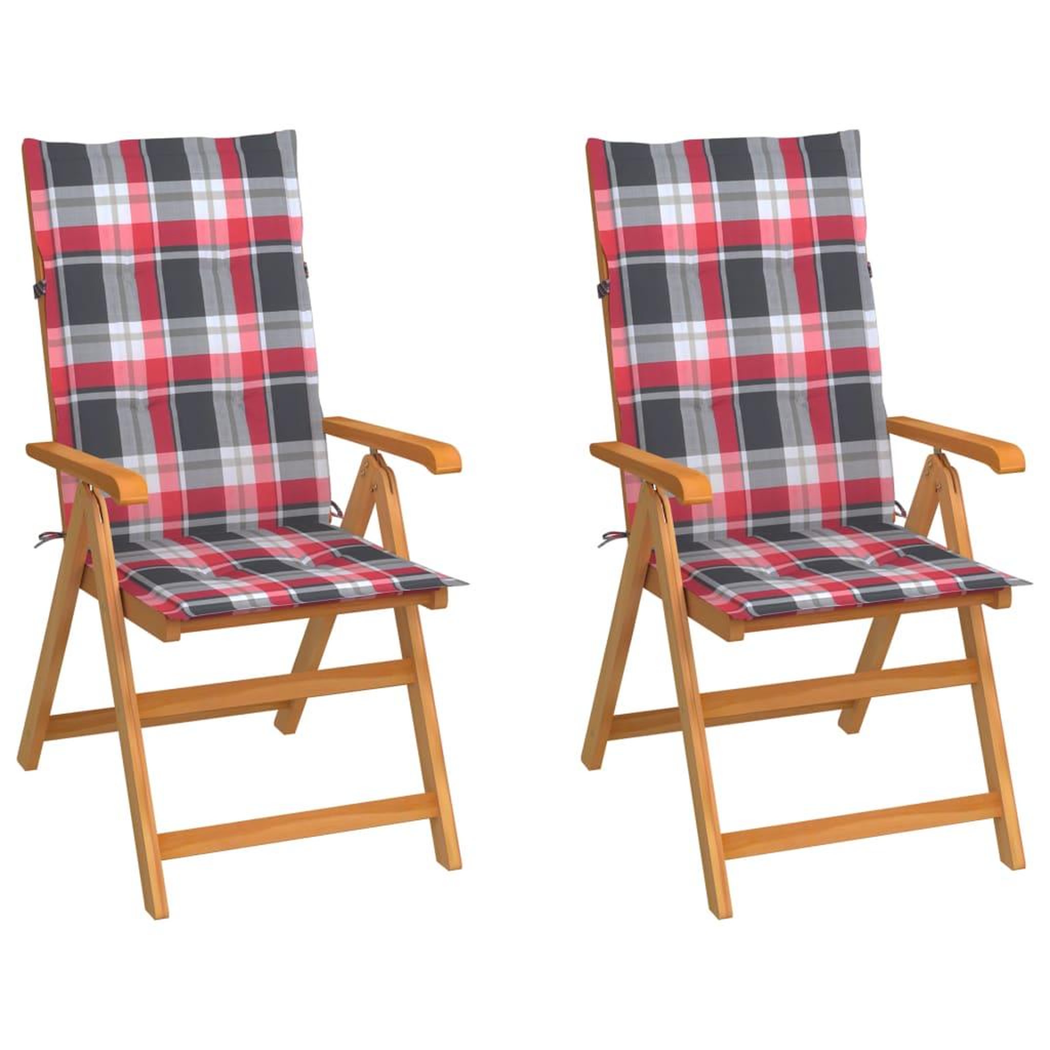 VIDAXL Chaises de jardin lot de 2 et coussins a carreaux rouges Teck