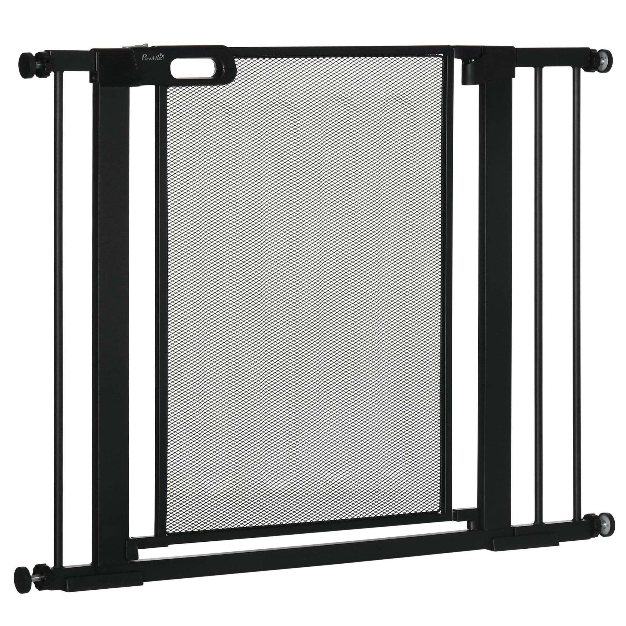 PAWHUT Barrière de sécurité animaux - longueur réglable dim. 75-103 cm - porte double verrouillage, ouverture double sens -sans perçage - acier abs noir