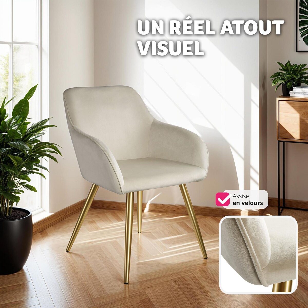 tectake Ensemble de 8 chaises rembourrées aspect velours crème et or