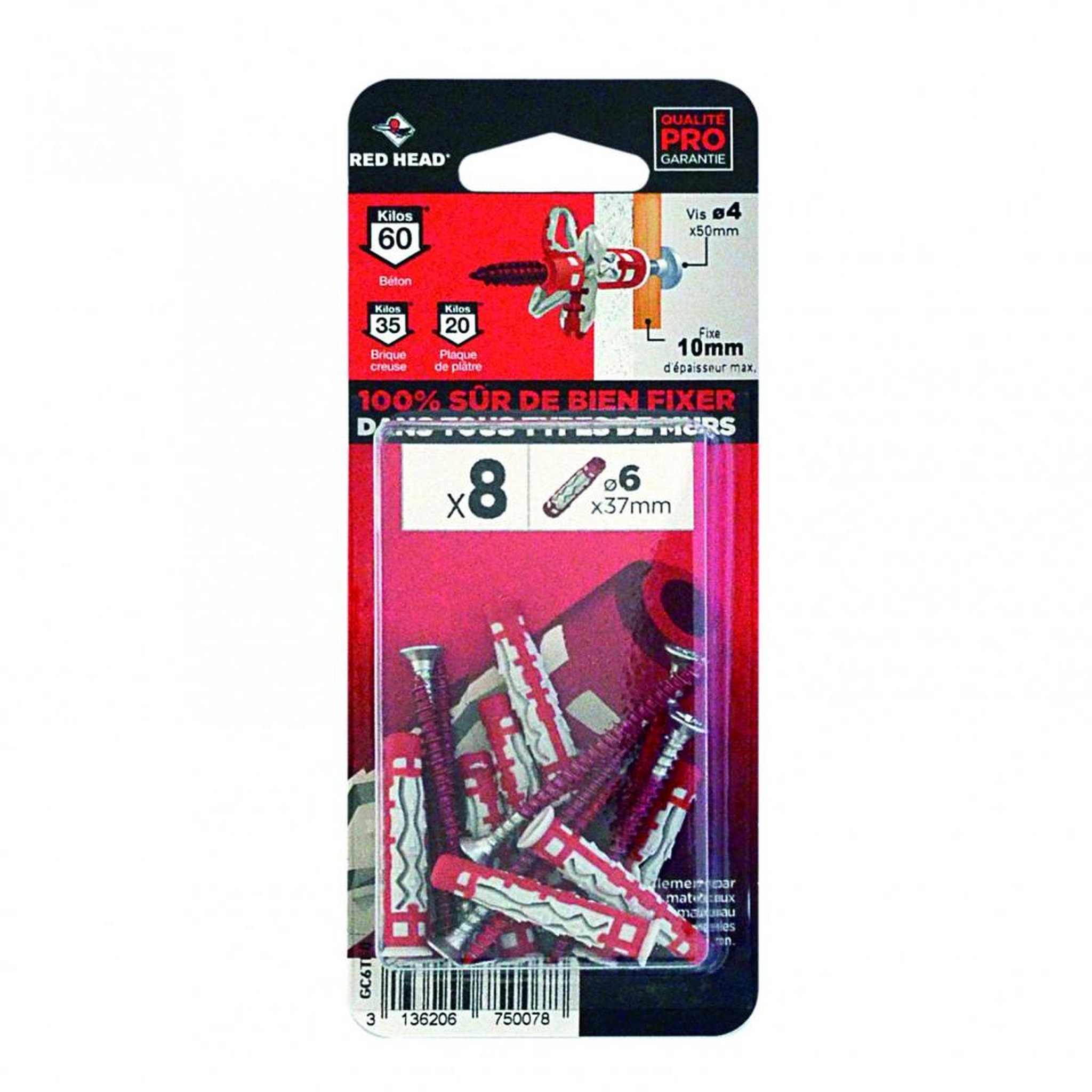 RED HEAD Lot de 8 chevilles et vis couleur RED HEAD, Diam.6 mm x L.37 mm