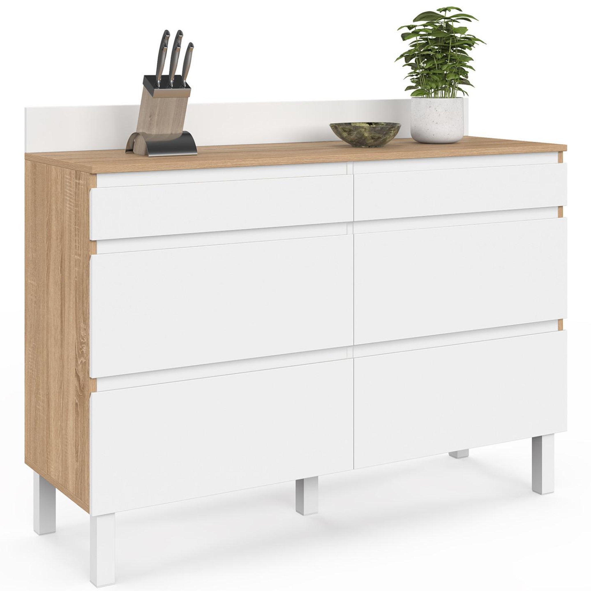 Voir la diapositive 3 : ID MARKET Buffet bas double casserolier de cuisine 120 cm claude plan de travail h. 83 cm 6 tiroirs bois et blanc