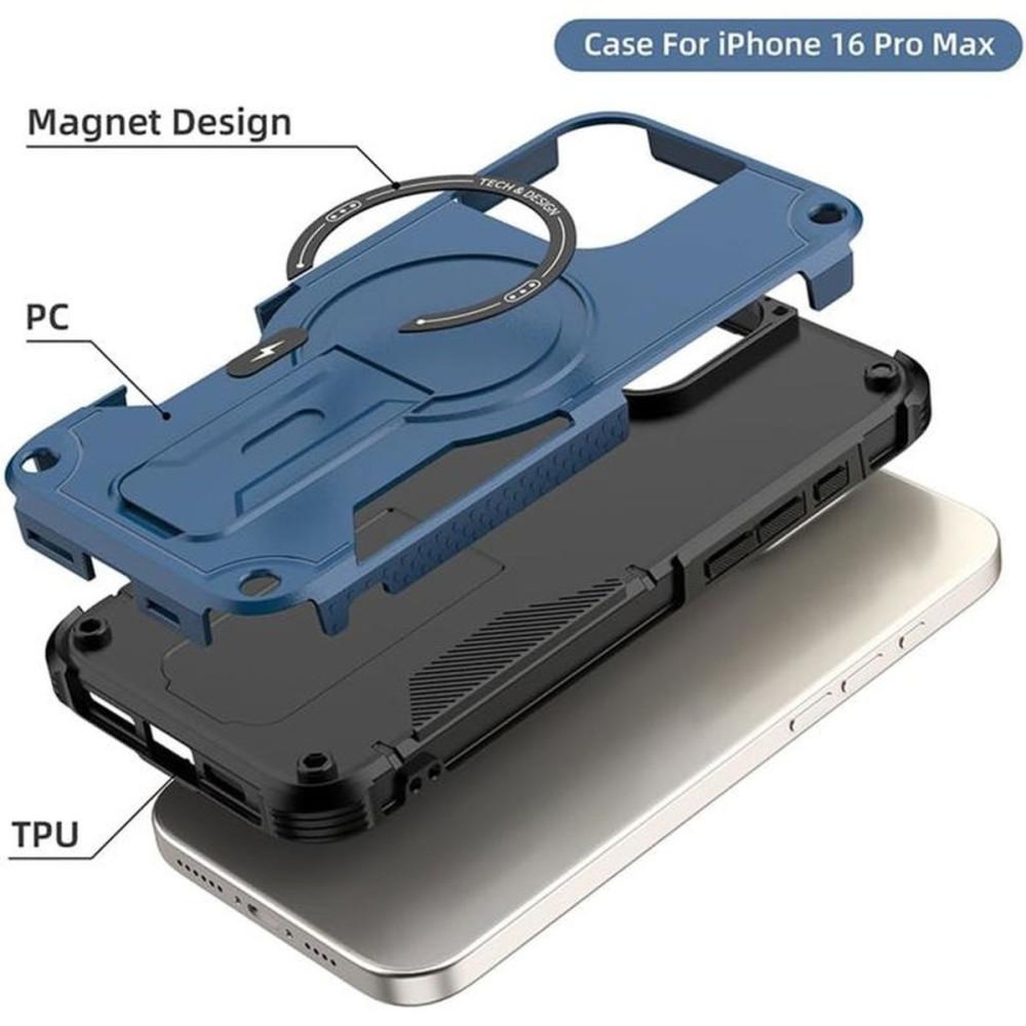 Voir la diapositive 3 : Coque pour iPhone 16 Pro MagSafe bleue avec support intégré et protection antichoc 360°