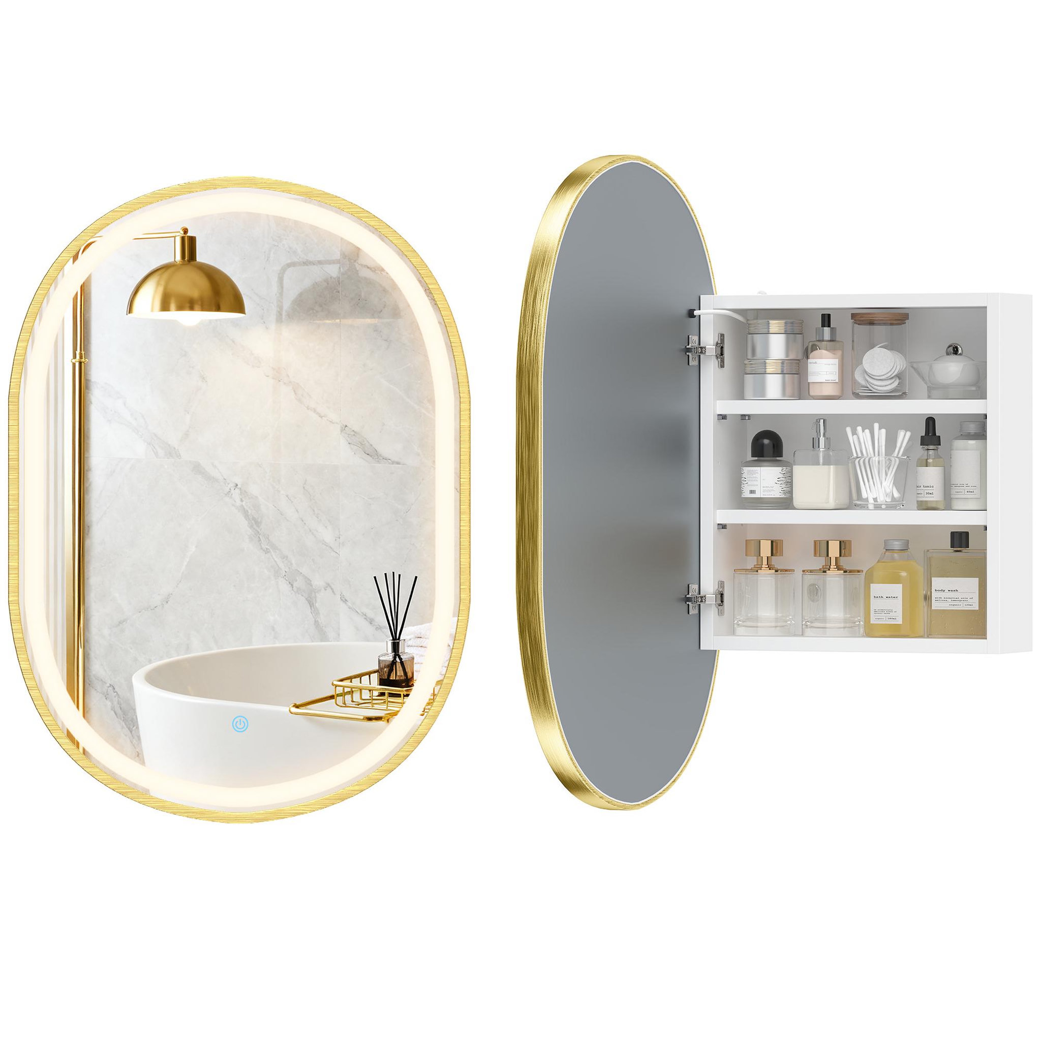 Voir la diapositive 5 : HOMCOM Armoire miroir led réglable salle de bain design ovale alu brossé doré 2 étagères