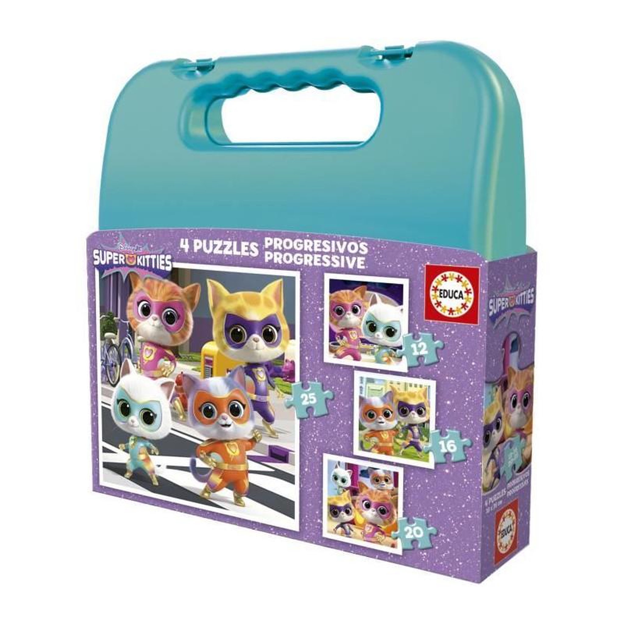 EDUCA Mallette puzzles enfant SuperKitties – 4 niveaux – Puzzle progressif éducatif – Dès 3 ans – Educa