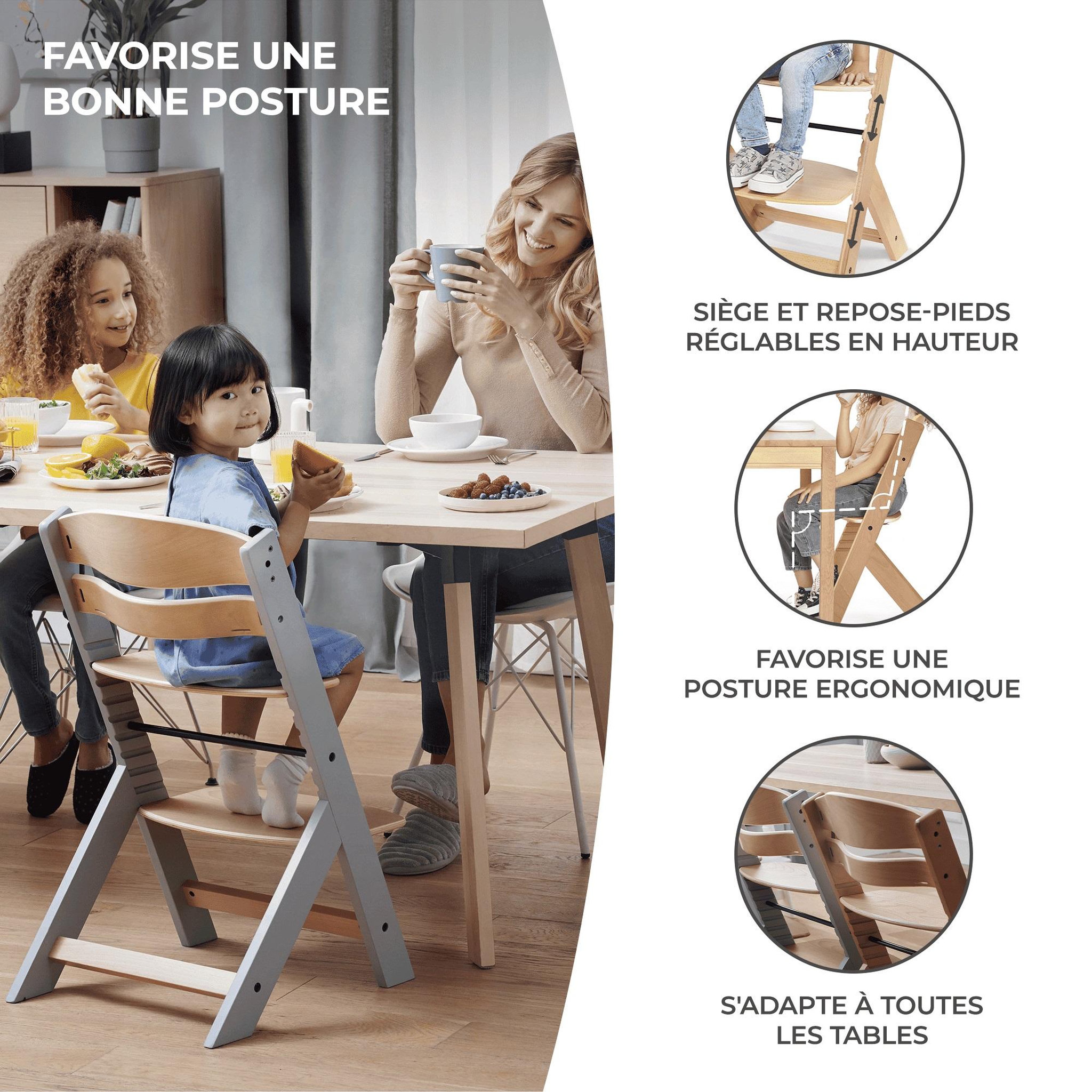 Voir la diapositive 3 : KINDERKRAFT Chaise haute bois 3 en 1 reglable avec harnais