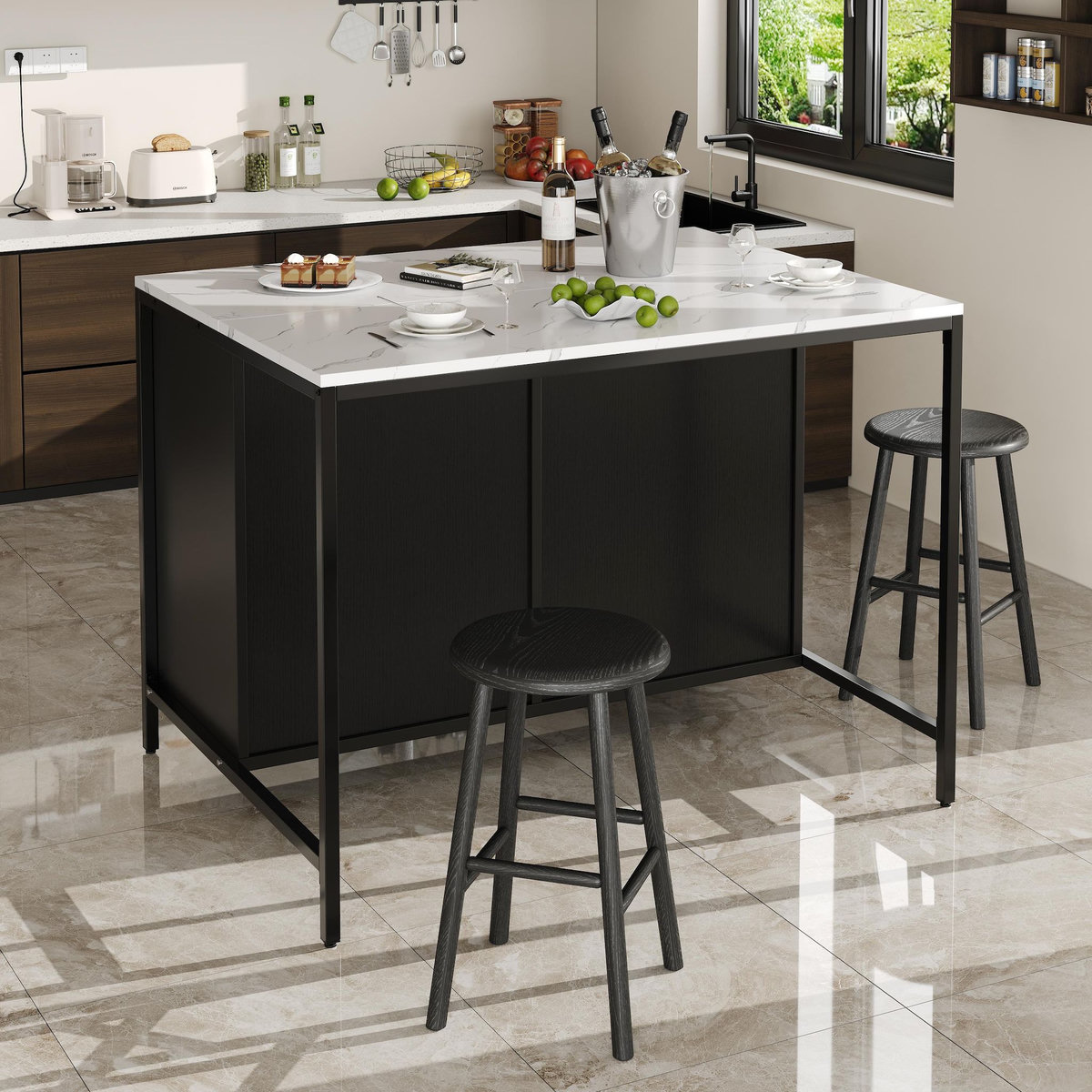 MERAX Ilot de cuisine 2 portes 2 tiroirs coloris noir mdf