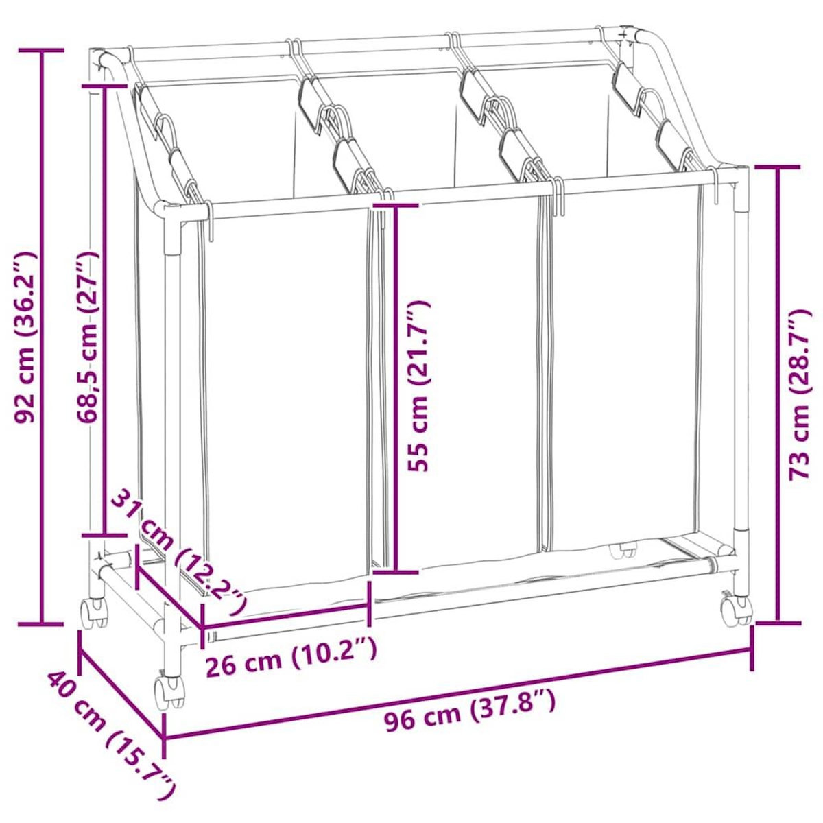 VIDAXL Trieuse a linge avec 3 sacs Bleu Acier