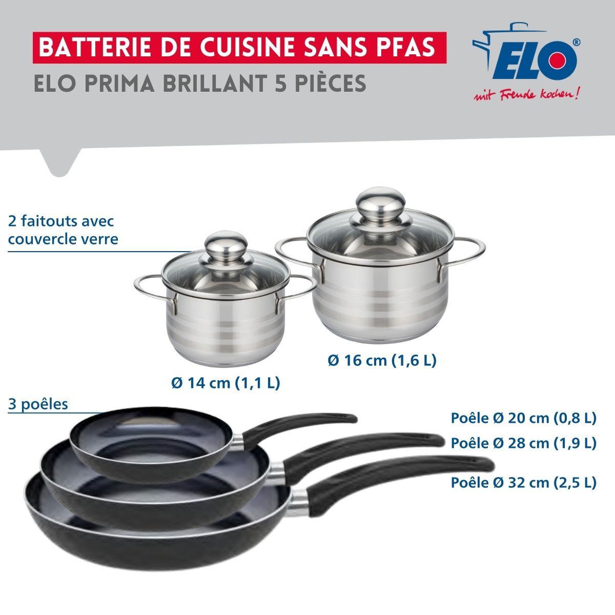 Voir la diapositive 2 : ELO Ensemble de 3 poêles de cuisson 20, 28 et 32 cm et 2 faitouts 14 et 16 cm elo prima brillant