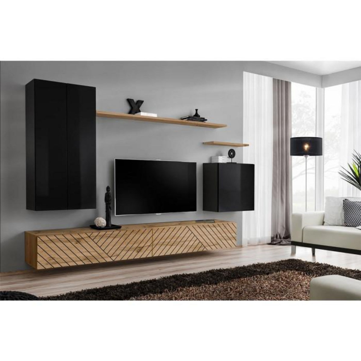 Paris Prix Ensemble Meuble TV  Switch Lamel II  270cm Naturel & Noir