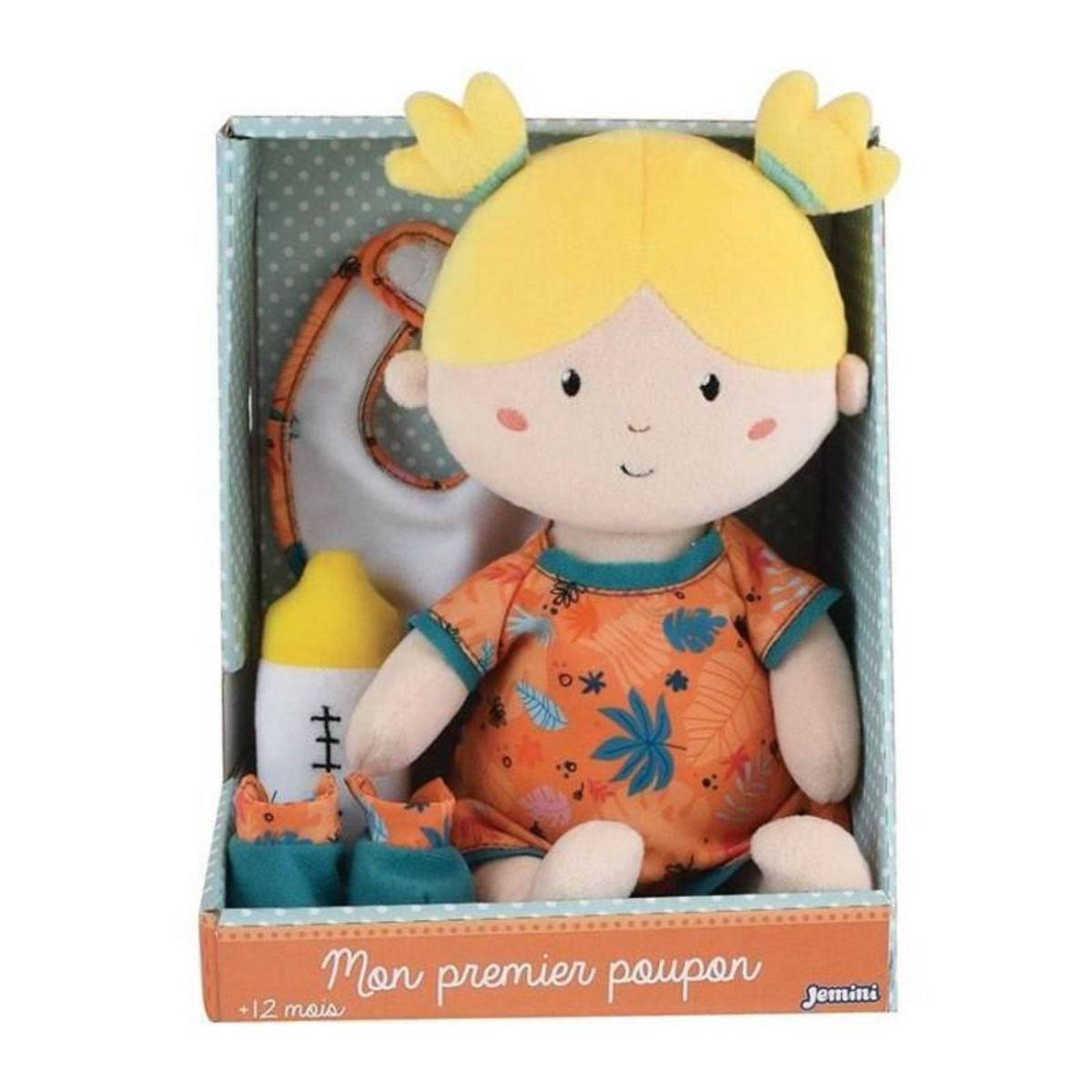 JEMINI JEMINI Mon Premier Poupon June poupée de chiffon +/- 30 cm avec 4 accessoires