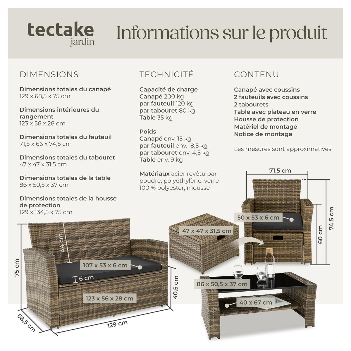 tectake Salon de jardin pour 4 à 6 personnes marron naturel