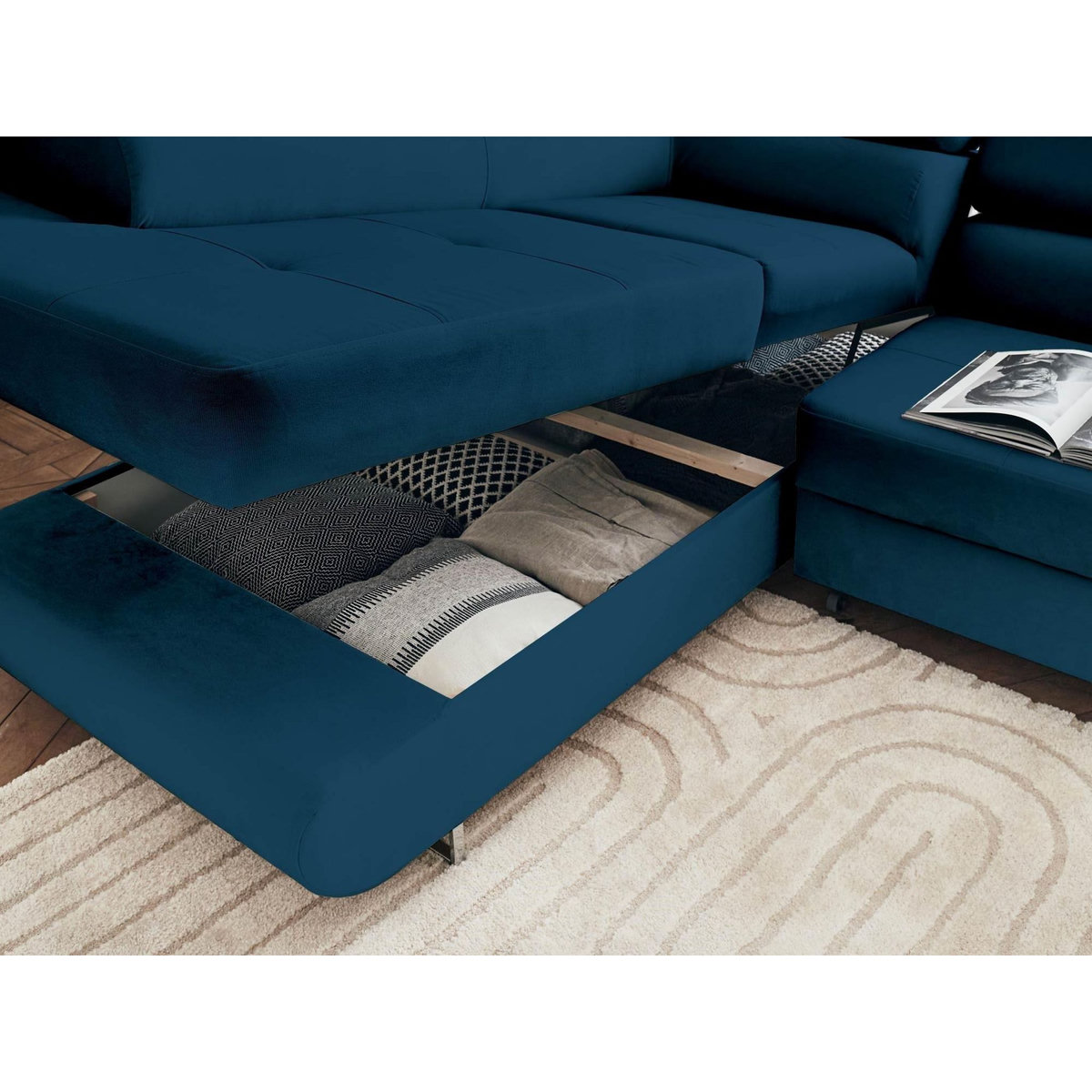 BEST MOBILIER Pablo - canapé d'angle gauche - 5 places - convertible avec coffre et têtières réglables - en velours