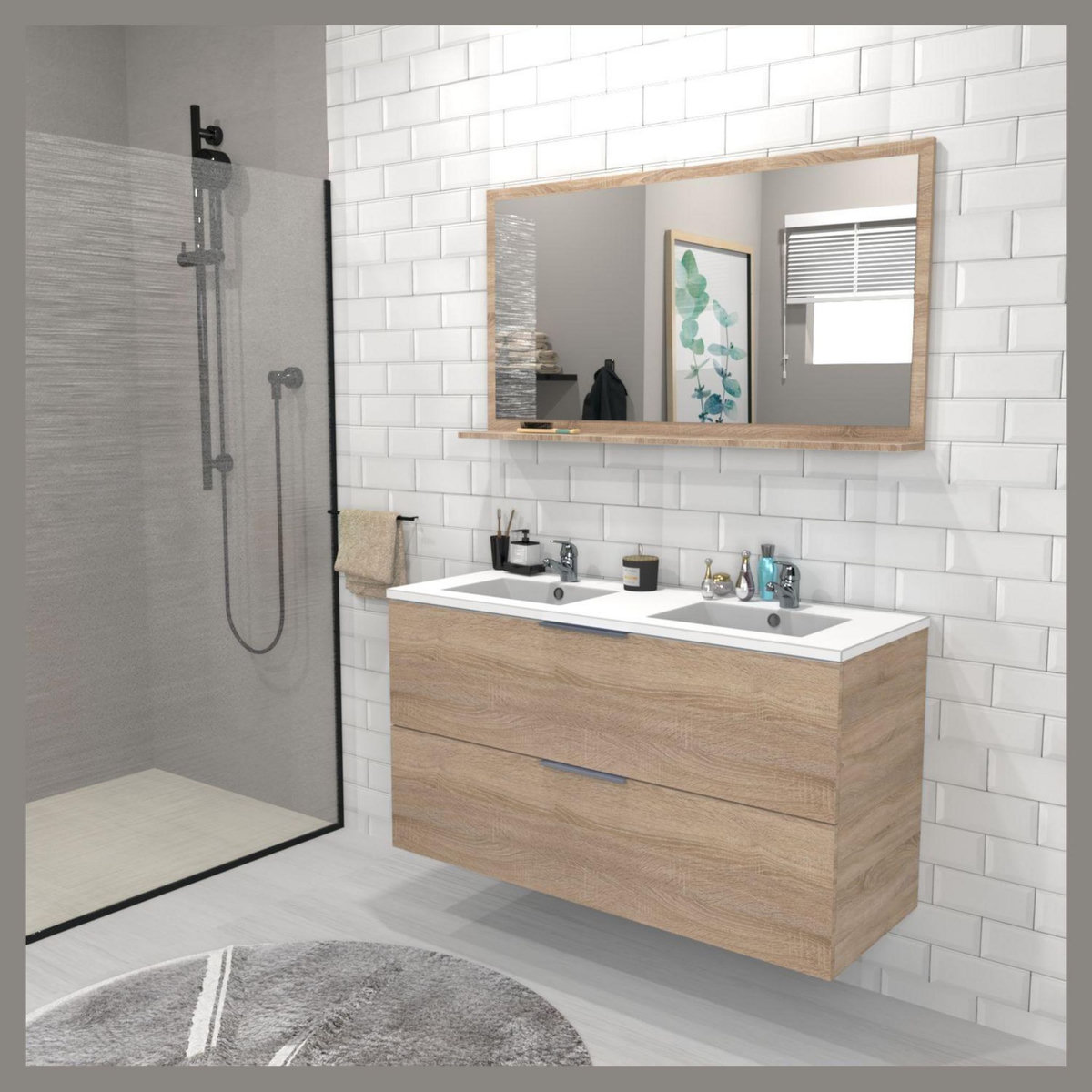 Meuble de salle de bain sous vasque avec double vasque encastrée 2 tiroirs, 120cm FARO blanc