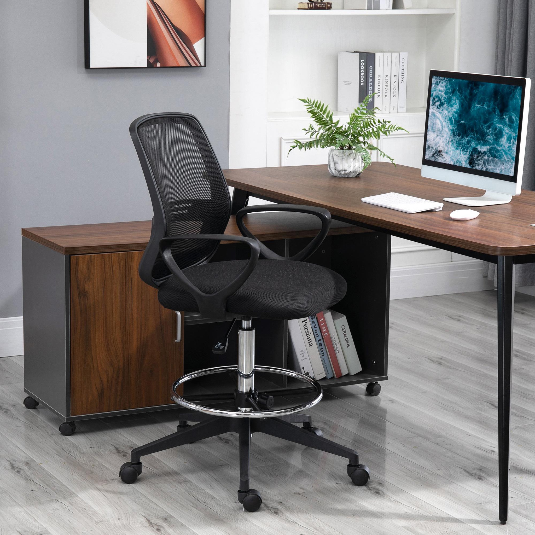 Voir la diapositive 4 : VINSETTO Chaise de bureau assise haute réglable dim. 59L x 60l x 102-126H cm pivotant 360° tissu maille respirante noir