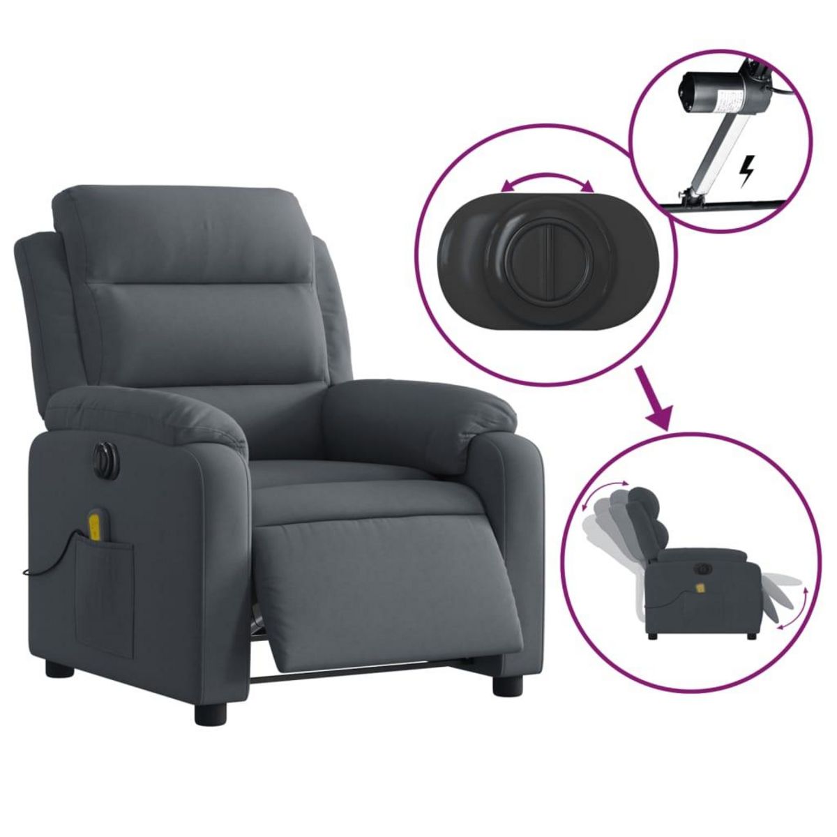VIDAXL Fauteuil inclinable de massage electrique gris fonce velours