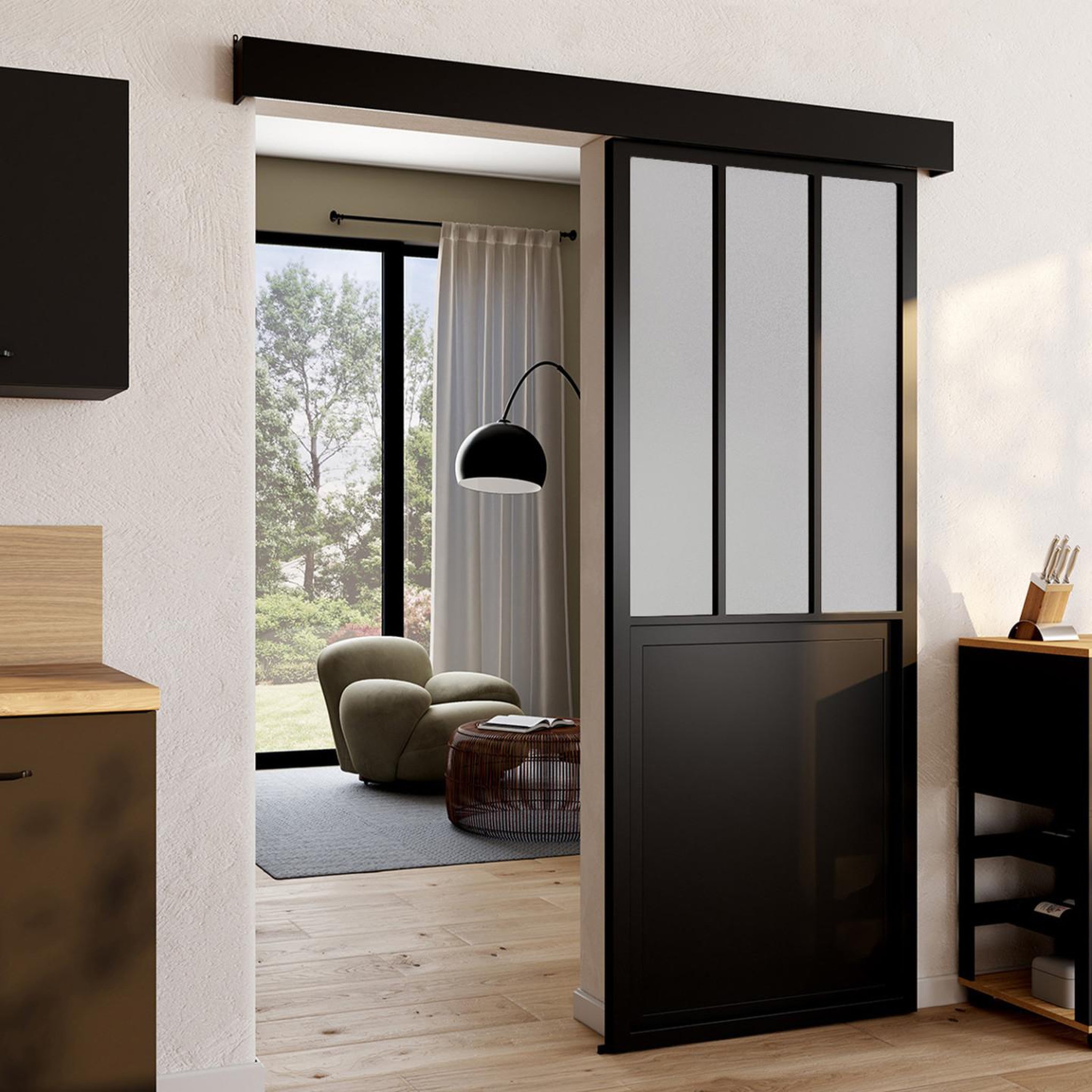 Voir la diapositive 3 : ID MARKET Kit porte coulissante verrière verre trempé givré 83 cm en métal + mdf avec rail et fixations