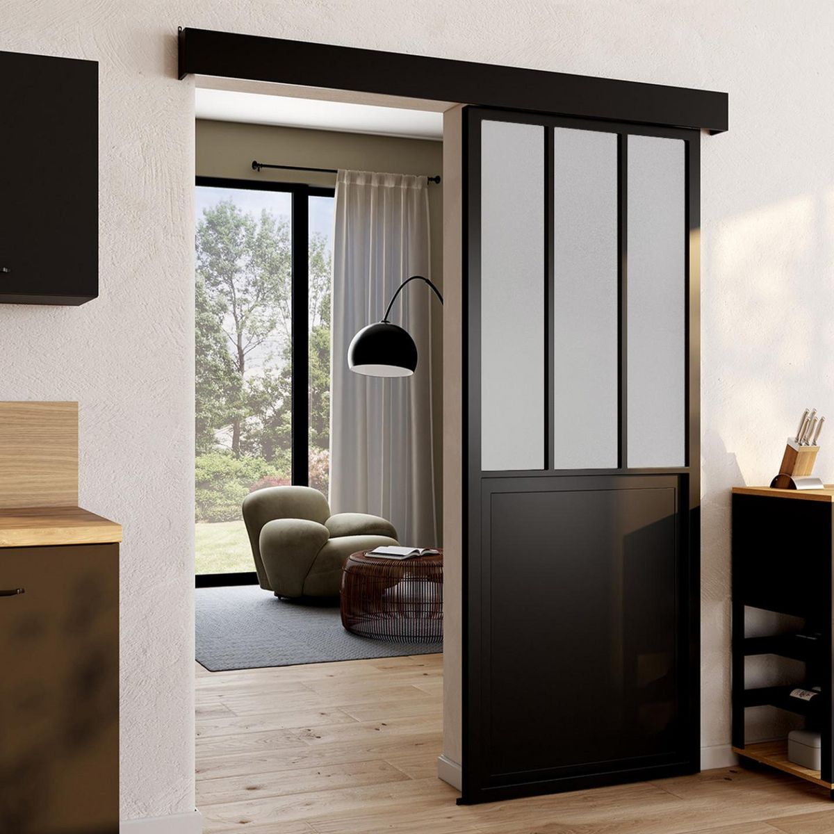 ID MARKET Kit porte coulissante verrière verre trempé givré 83 cm en métal + MDF avec rail et fixations