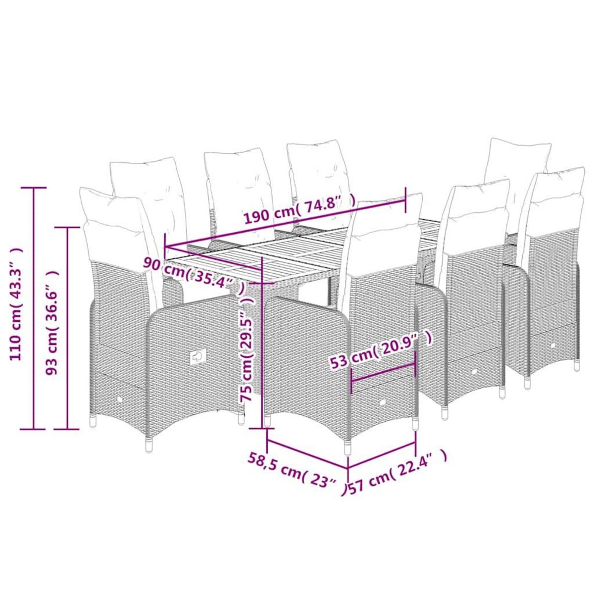 VIDAXL Ensemble de bistro de jardin 9 pcs coussins noir poly rotin