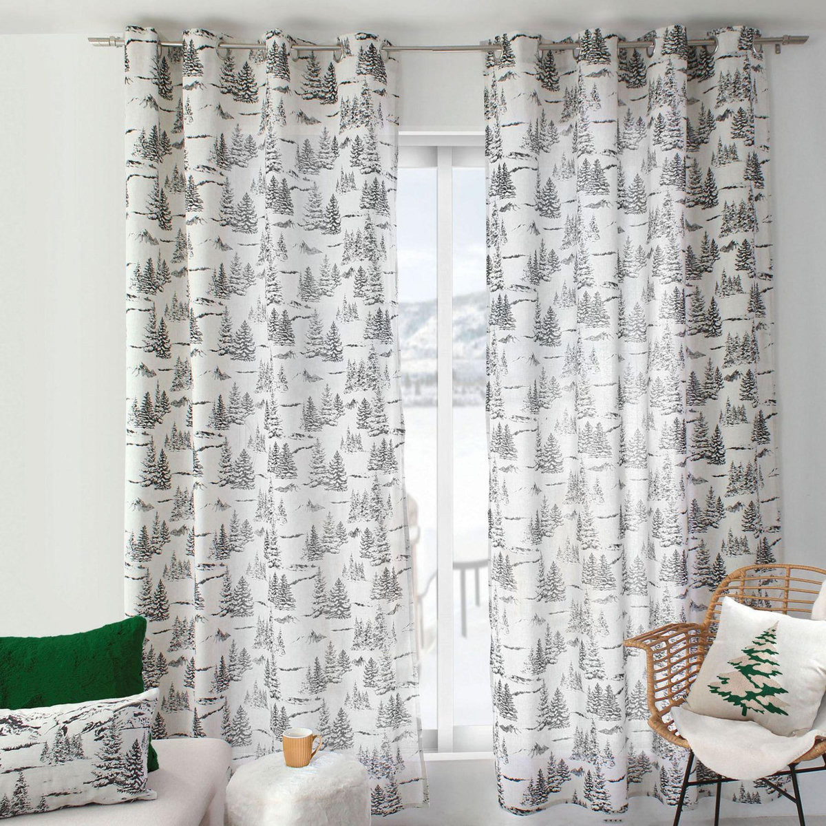 TOILINUX Rideau imprimé sapins EBENE