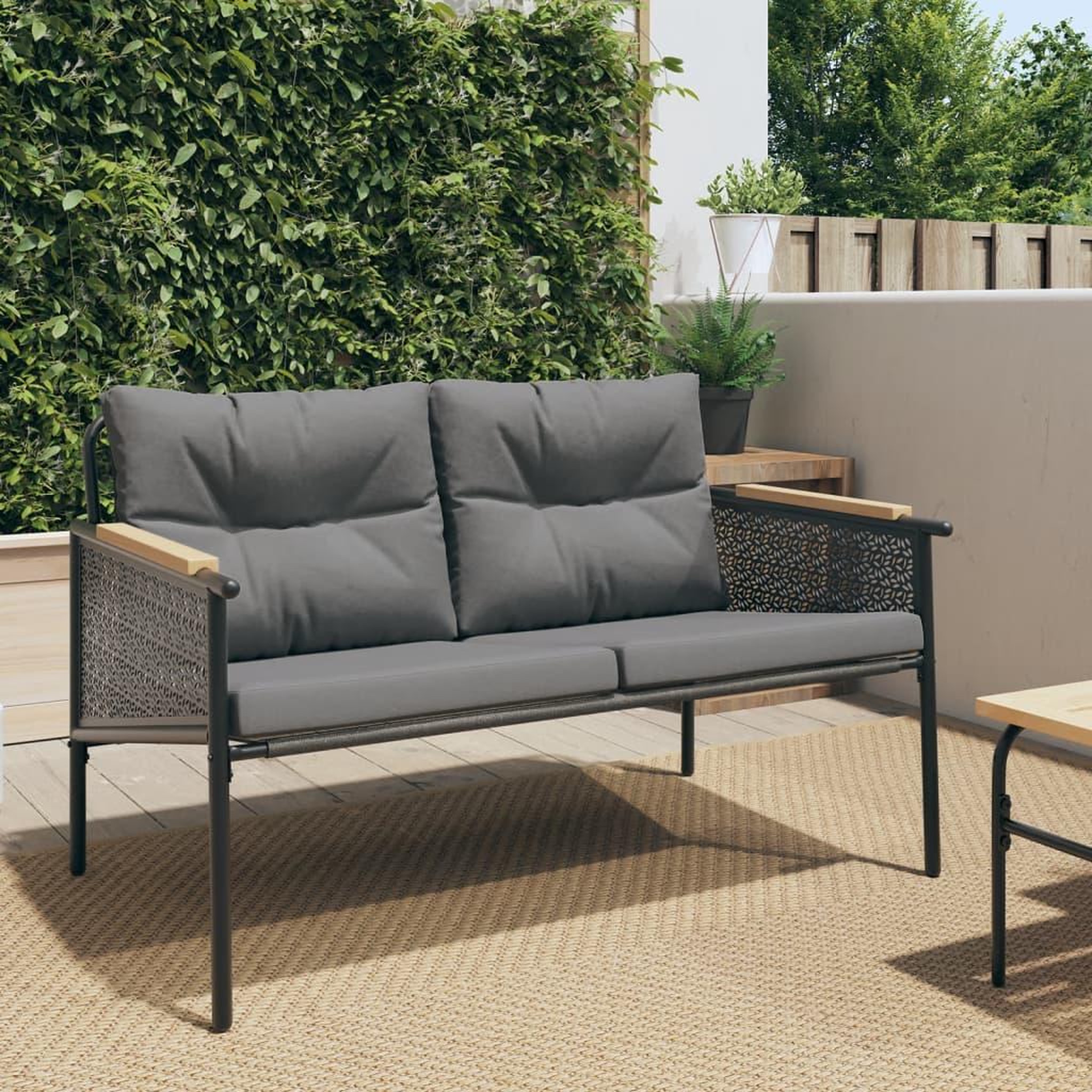 VIDAXL Banc de jardin avec coussins 116 cm noir acier