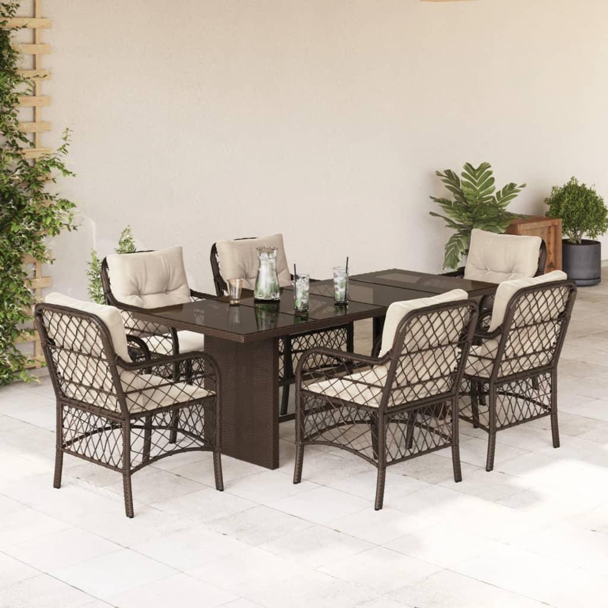 VIDAXL Ensemble a manger de jardin et coussins 7 pcs marron rotin