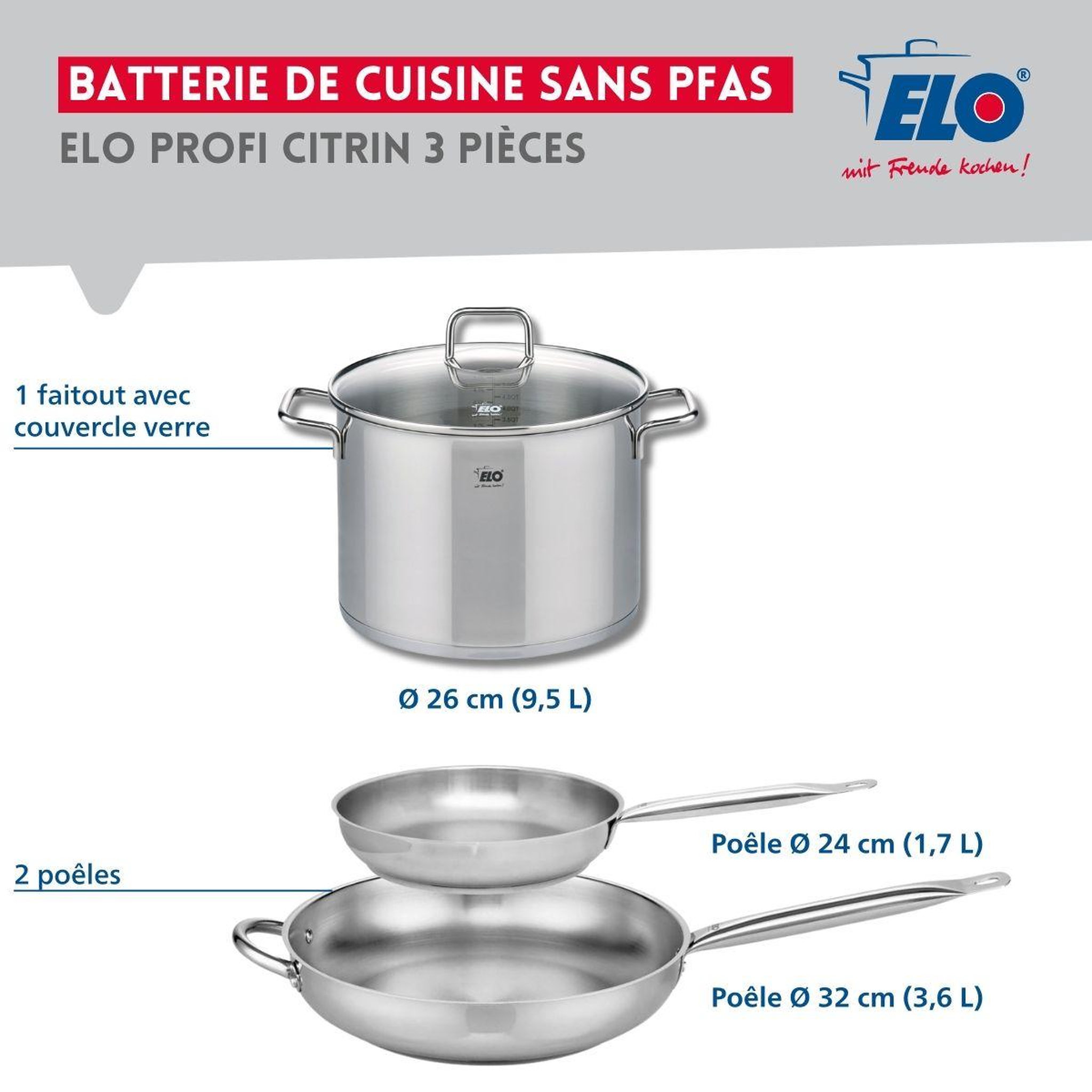 Voir la diapositive 2 : ELO Ensemble de 2 poêles de cuisson 24 et 32 cm et 1 faitout 26 cm elo profi citrin