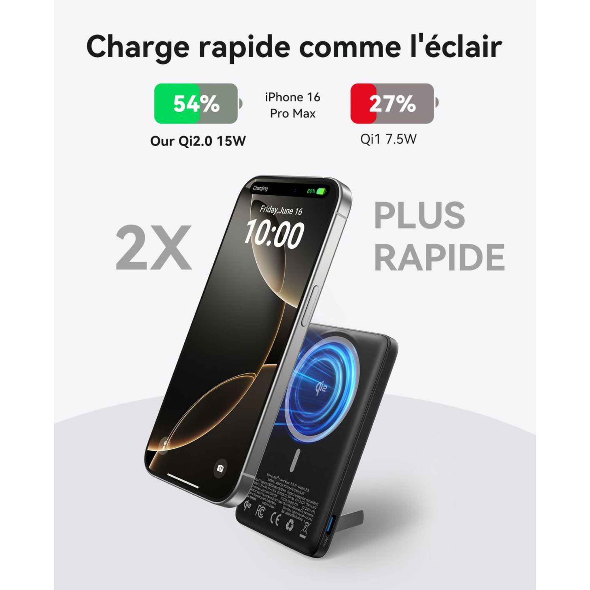 Voir la diapositive 4 : INIU Batterie externe 5 000 mAh MagPro slim noir