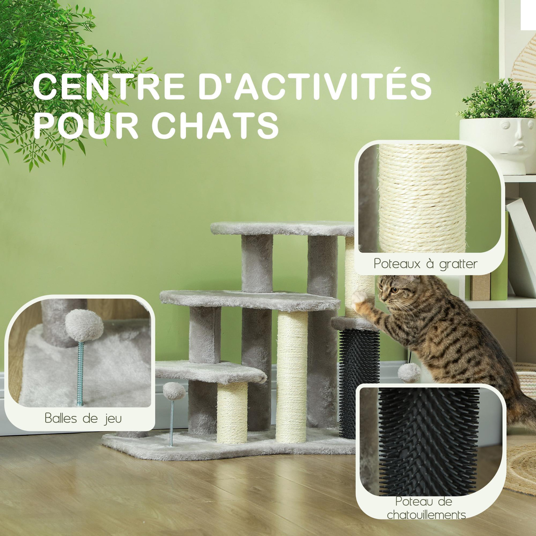 Voir la diapositive 5 : PAWHUT Arbre à chat 3 marches 3 griffoirs bande massante 2 jeux boules peluche gris clair