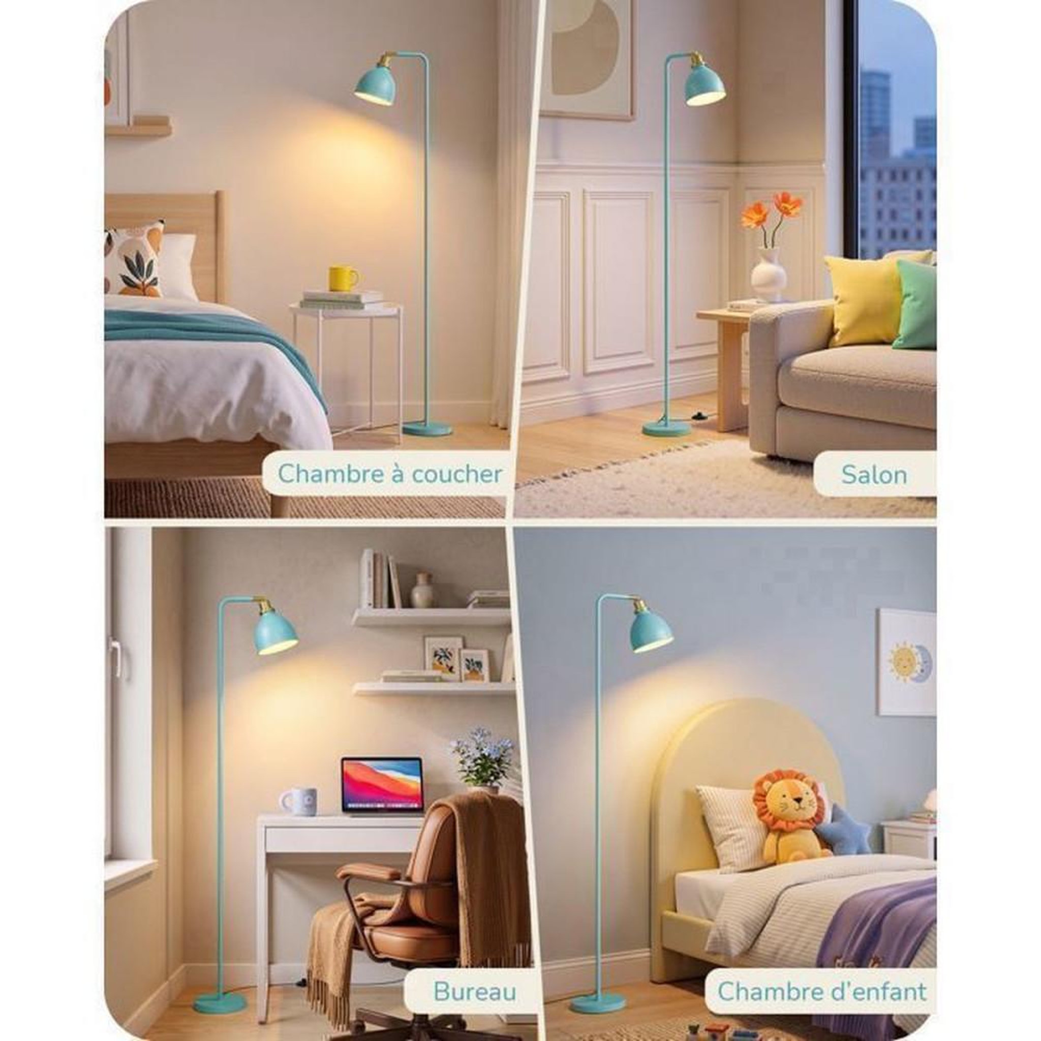 Voir la diapositive 3 : Lampadaire industriel 155 cm bleu clair abat-jour métal tête orientable 350° 2700 K E27 avec ampoule LED