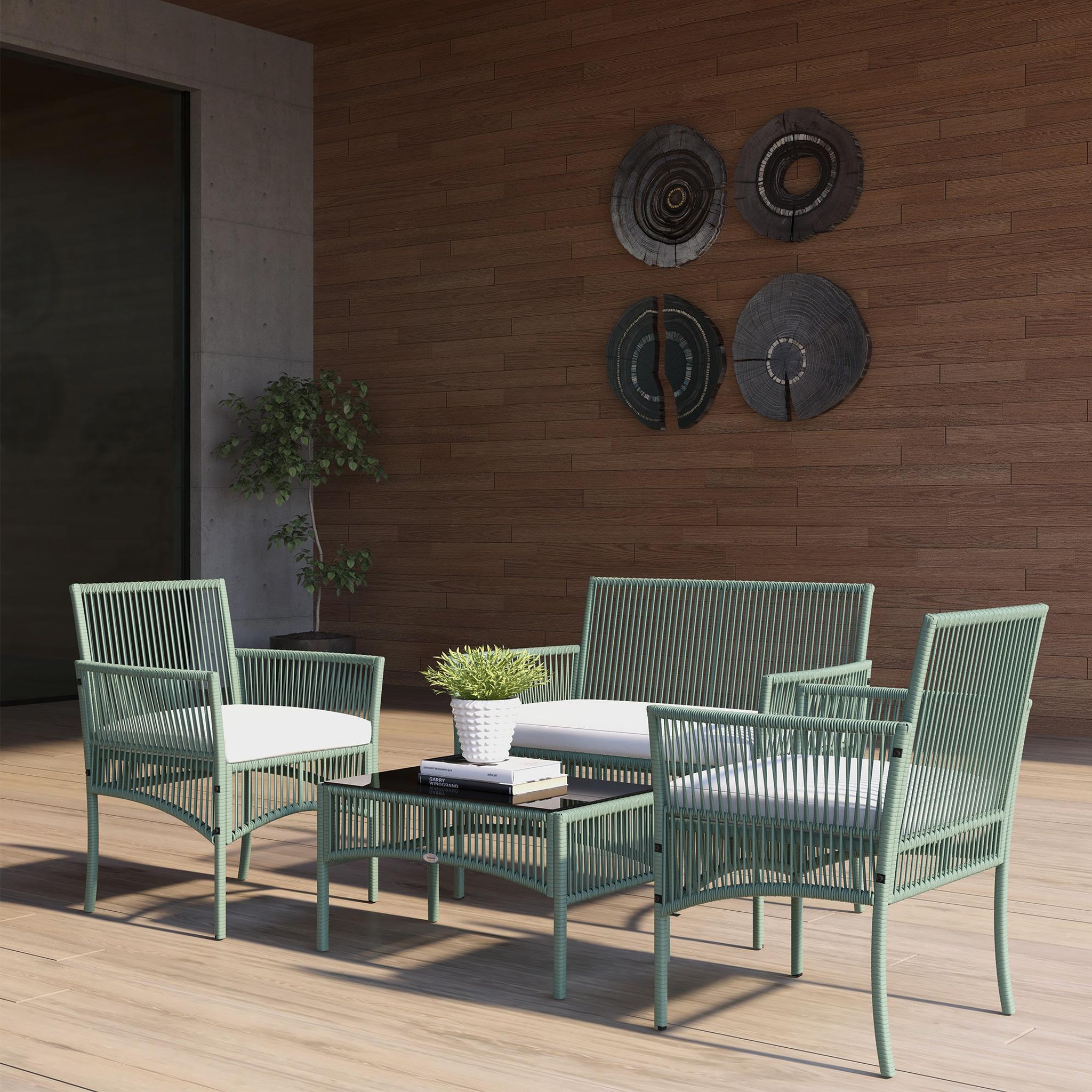 Voir la diapositive 2 : OUTSUNNY Salon de jardin 4 places 4 pièces style colonial table basse coussins inclus résine tressée filée aspect rotin vert