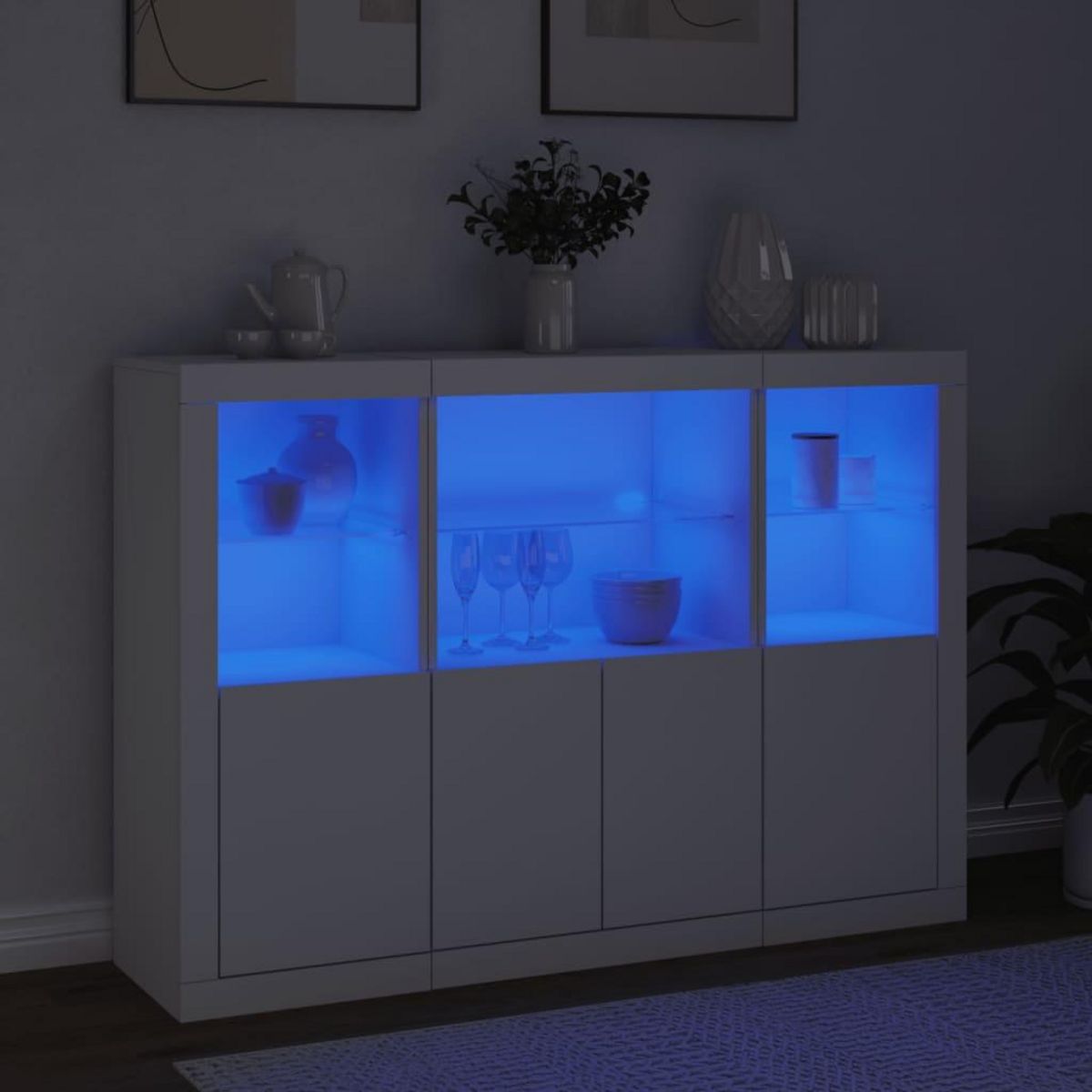 VIDAXL Buffets avec lumieres LED 3 pcs blanc bois d'ingenierie