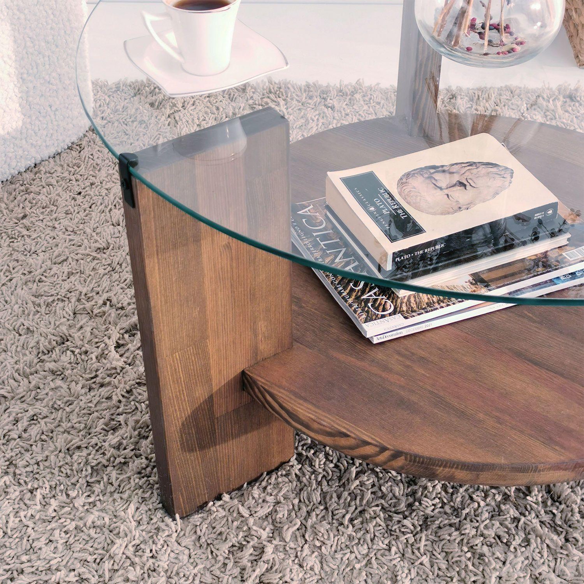 Voir la diapositive 3 : TOILINUX Table basse ronde en verre et panneaux de particules - diam. 75cm h. 40cm - marron
