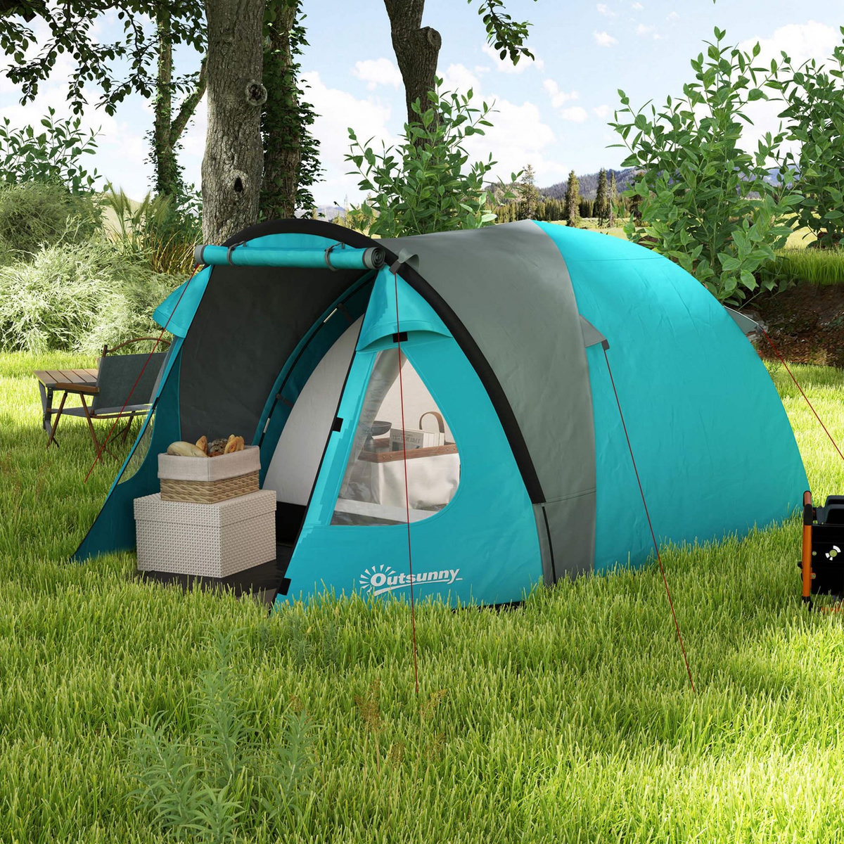 OUTSUNNY Tente de camping 2-4 personnes - tente dôme familiale imperméable - sac de transport inclus bleu