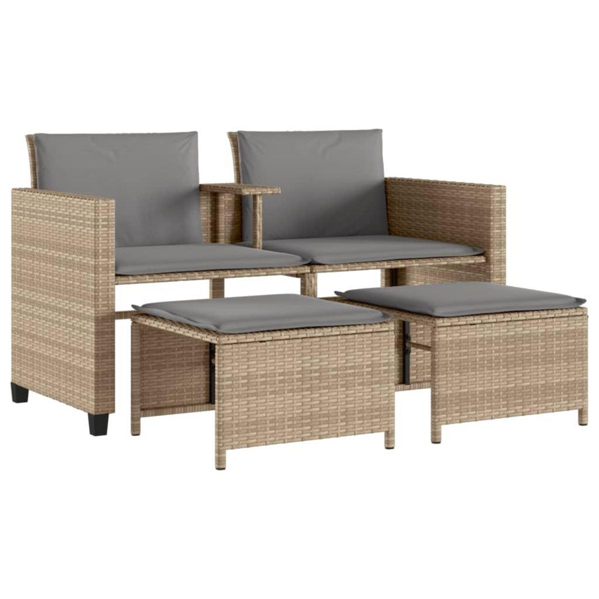 VIDAXL Canape de jardin 2 places avec table et tabourets beige rotin