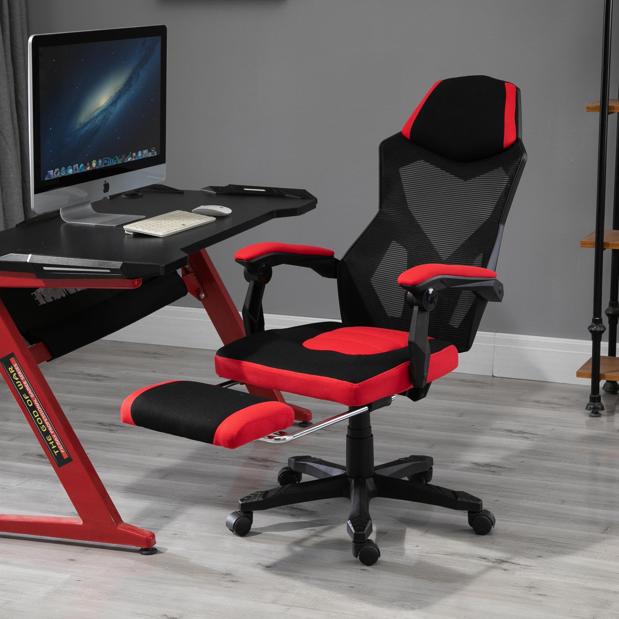 Voir la diapositive 4 : HOMCOM Fauteuil gaming chaise gamer dossier et hauteur réglable roulettes pivotantes repose-pied tissu maille rouge noir